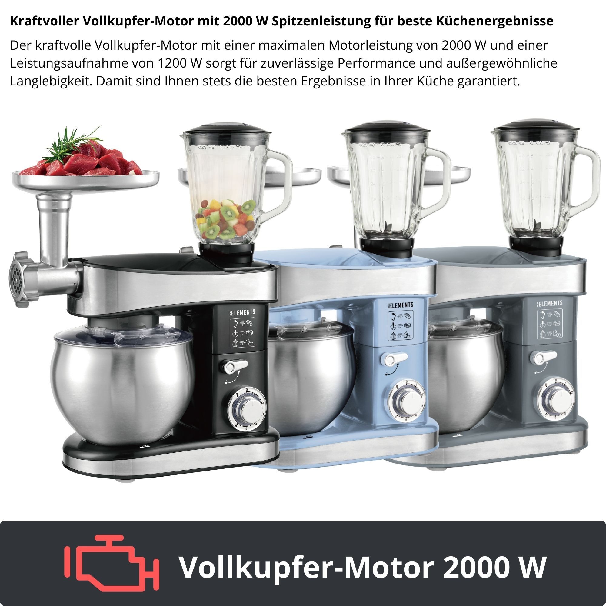 KB Elements Küchenmaschine ELK75LP, 2000 W, 6 l Schüssel, GS-zertifizierter Standmixer, 6 x Nudelaufsätzen