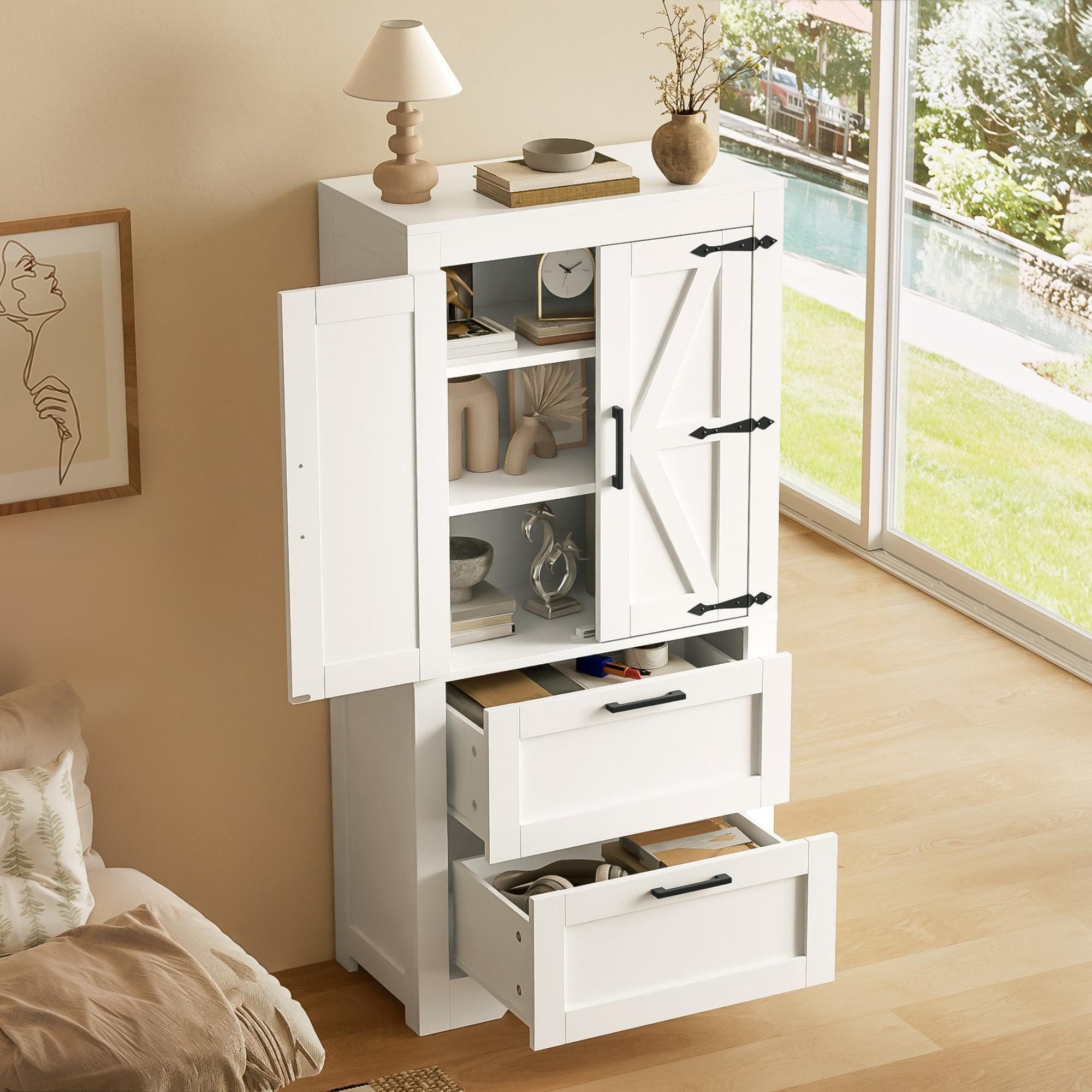 Flieks Hochschrank Küchenschrank Landhausstil, 2 Schubladen & verstellbaren Einlegeböden (60x30x128 cm, 1-St) multifunktionaler Mehrzweckschrank Scheunen-Design Weiß