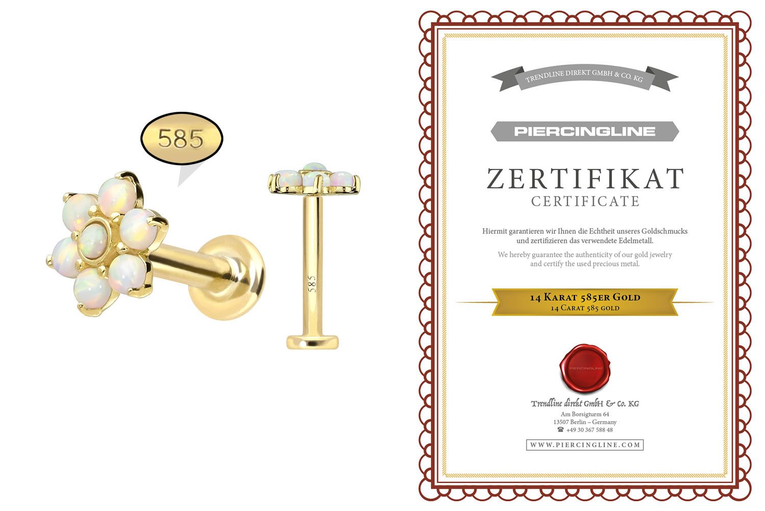 PIERCINGLINE Piercing-Set 14 Karat Gold Labret mit Innengewinde BLUME + 7 SYNHETISCHE OPALE (Labrets, 1-tlg)
