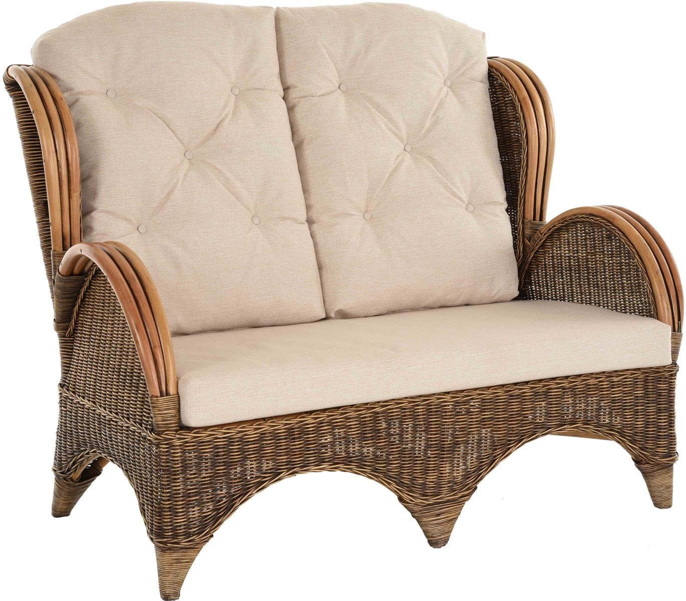 Krines Home Loungesofa Rattan-Sofa 2-Sitzer Korbsofa Sofa Hochlehn-Sofa Wintergarten Couch Vintage Braun
