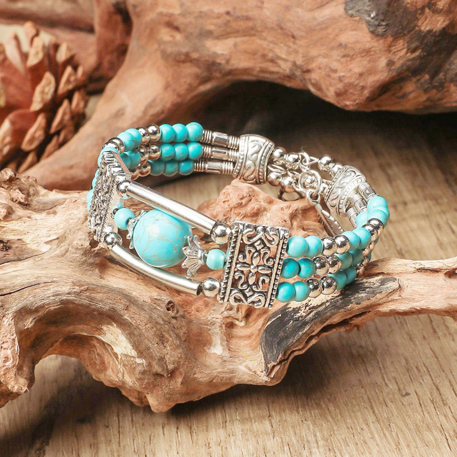 KARMA Armband Damen Vintage Boho Altsilber Türkis 6 cm (1-tlg., Schmuck für Frauen Metall Naturstein), Damenarmband Silber Karabinerverschluss – Bild 5 von 5
