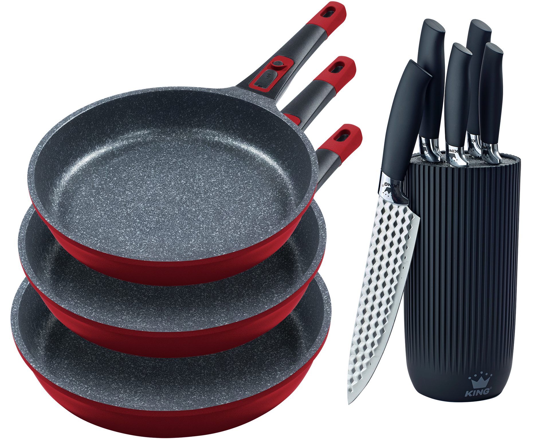 KING Pfannen-Set »Moonscape 3er«, inkl. Messer-Set, Aluminiumguss (Set, 9-tlg., 3 Pfannen, 5 Küchenmesser, 1 Messerblock), Induktion, abnehmbarer Griff, MOONSCAPE-Beschichtung