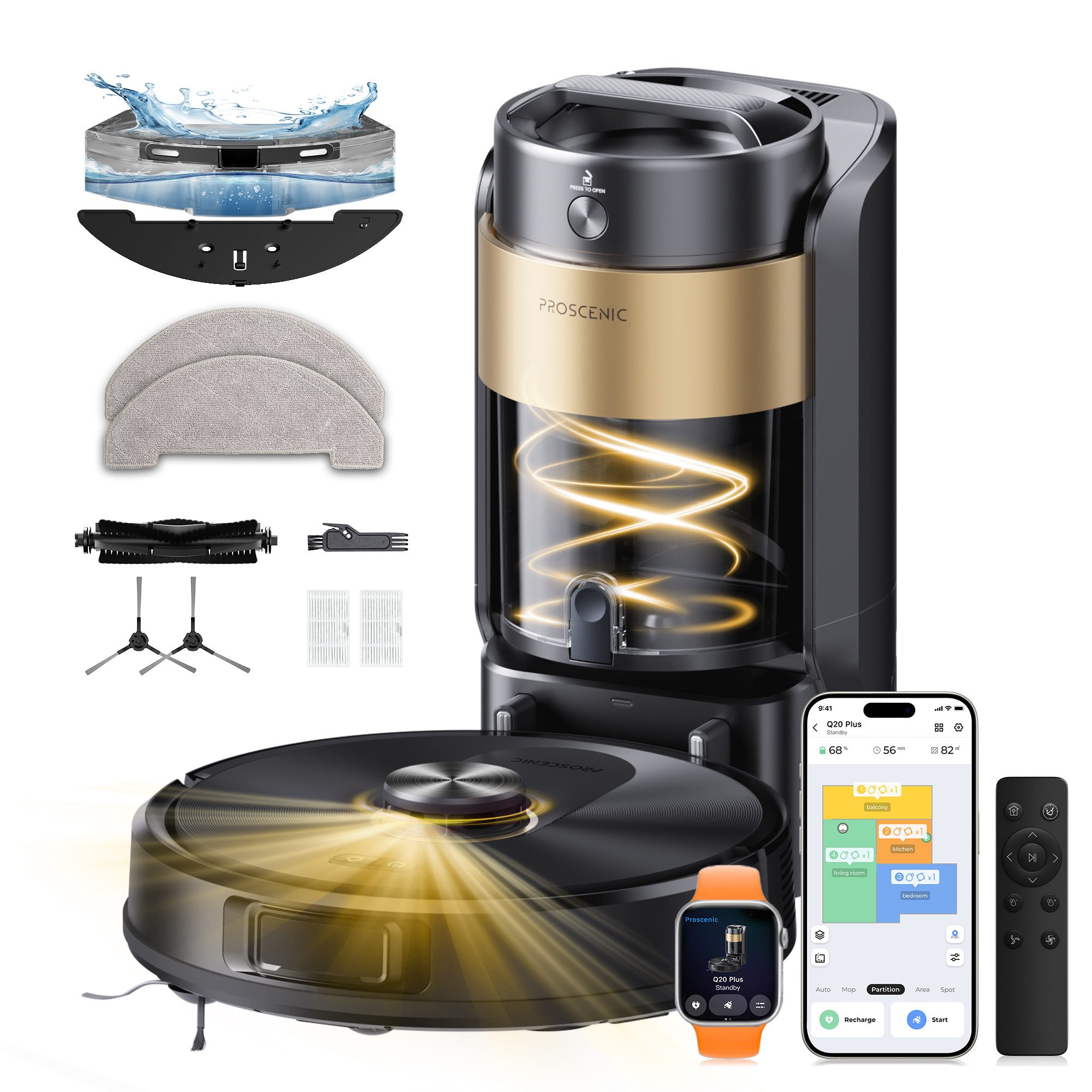 Proscenic Saugroboter mit Wischfunktion,2× Tiefenreinigung,Dual-Laser LiDAR,Teppicherkennung, beutellos, AI- Hinderniserkennung,Ultra-leiser Betrieb,Anti-Verwicklungs-Sensorik