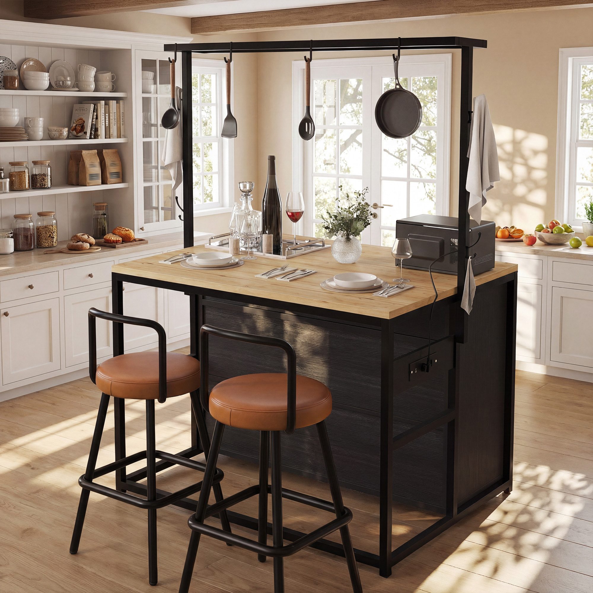 Flieks Kücheninsel 183cm hoher Küchenschrank mit Arbeitsplatte, Hängeregal & Steckdose, (107x62x183 cm), Highboard Küchenbuffet mit Schiebetüren und Haken Holzoptik Schwarz