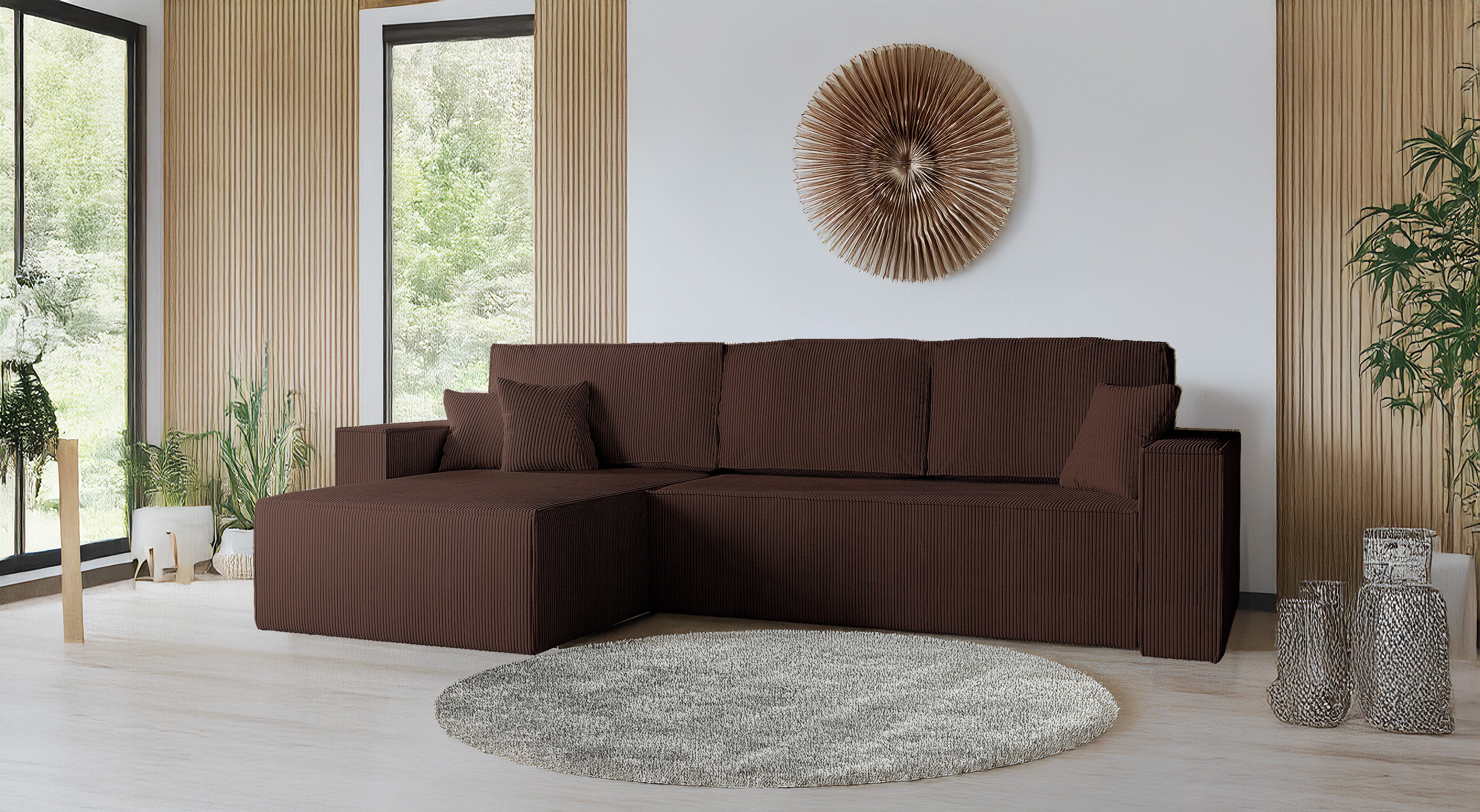 Goldstoff Ecksofa mit Schlaffunktion & Bettkasten - Cordstoff Sofa, Cordstoff Eckcouch, Amalia L-Form Eckcouch, Cordstoff Sofa