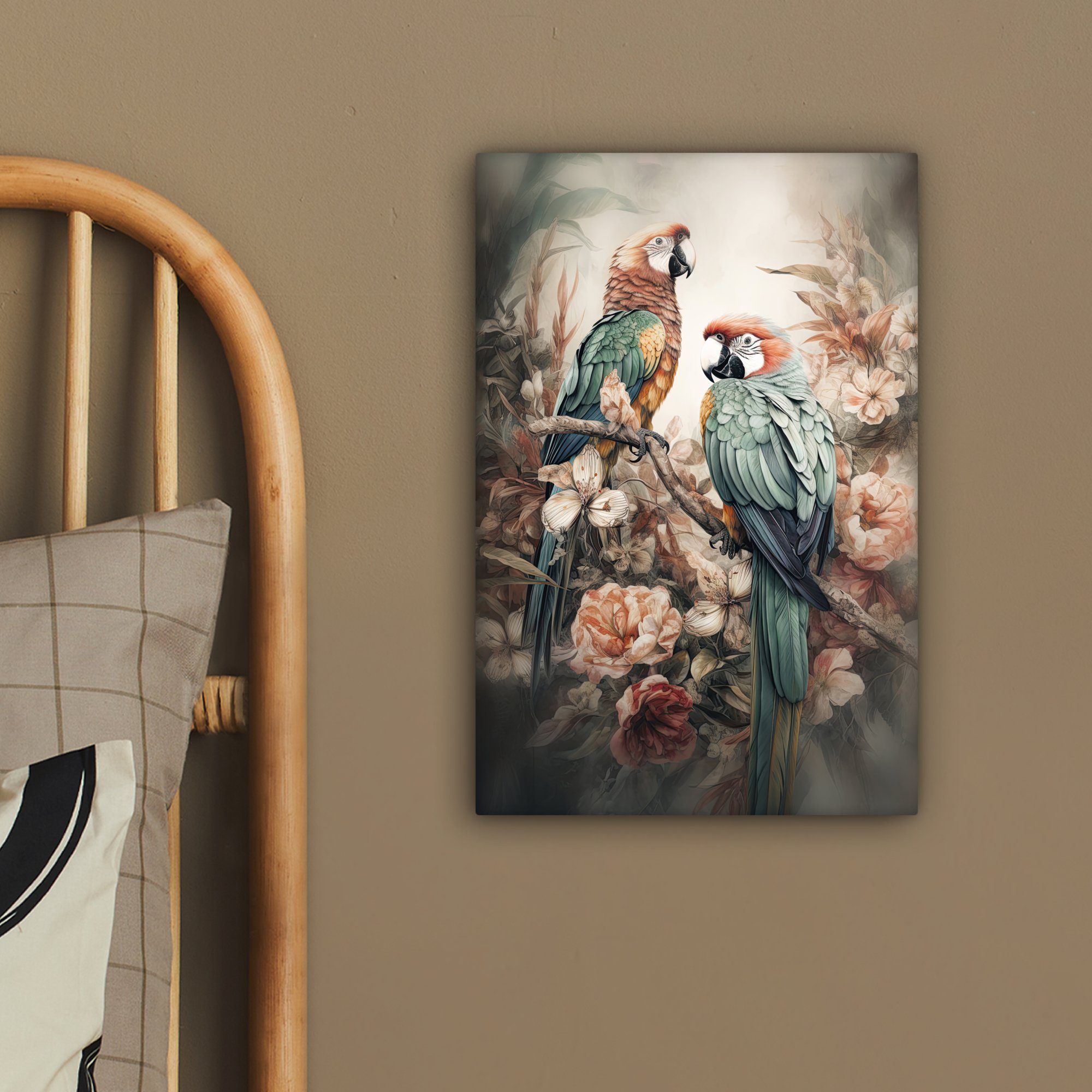 Gemälde, Papageien Zackenaufhänger, bespannt Blumen, (1 Leinwandbild Natur Leinwandbild 20x30 cm fertig OneMillionCanvasses® inkl. - - Vögel - St),