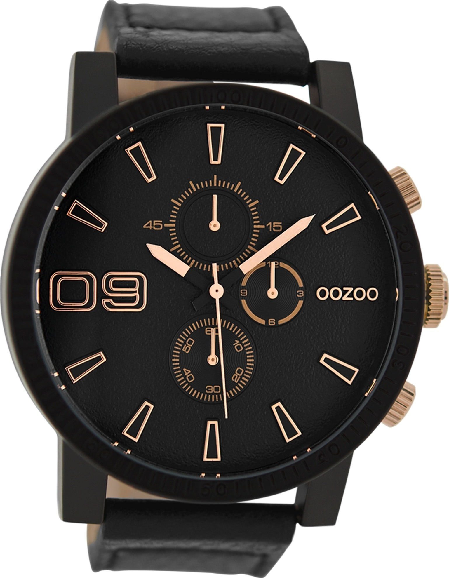 OOZOO Quarzuhr Oozoo Herren Armbanduhr schwarz Analog, (Analoguhr), Herrenuhr rund, extra groß (ca. 50mm) Lederarmband, Casual-Style