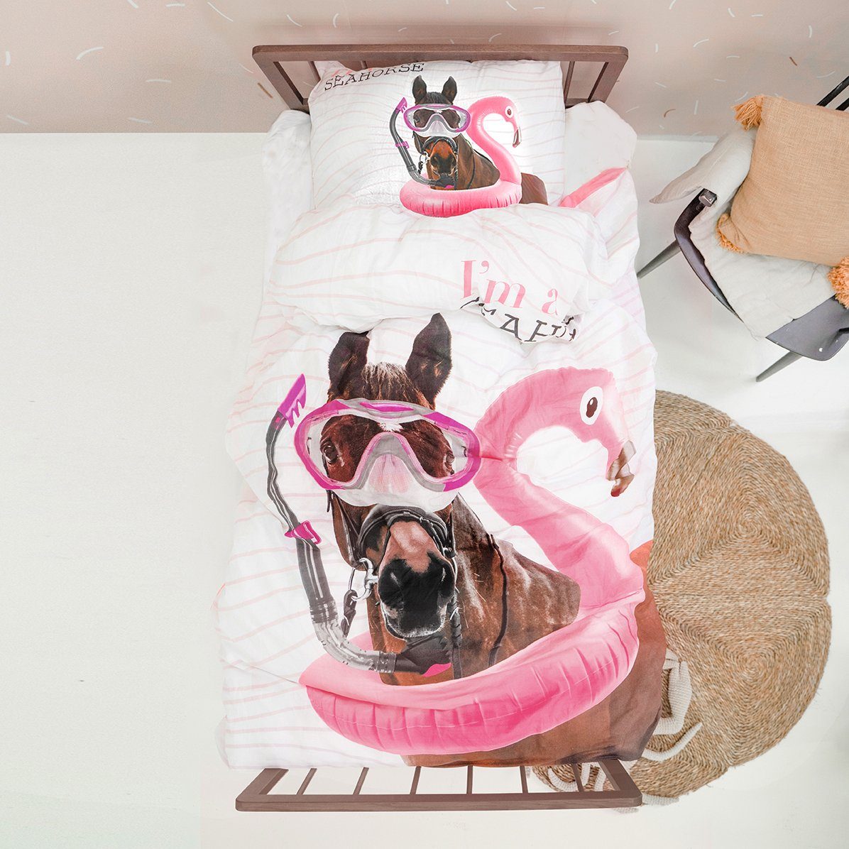 Little Monster Kinderbettwäsche I'm a Seahorse Постельное белье-Set, ránforce, 2 teilig, Fotodruck vorne - Rückseite einfarbig