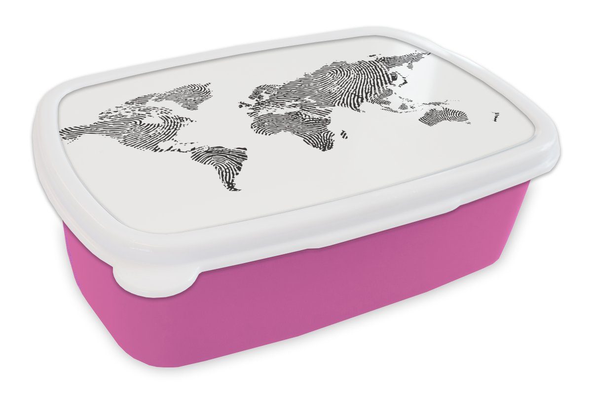 MuchoWow Lunchbox Weltkarte - Fingerabdruck - Schwarz - Weiß - Kinder - Jungen - Mädchen, Kunststoff, (2-tlg), Brotbox für Erwachsene, Brotdose Kinder, Snackbox, Mädchen, Kunststoff rosa