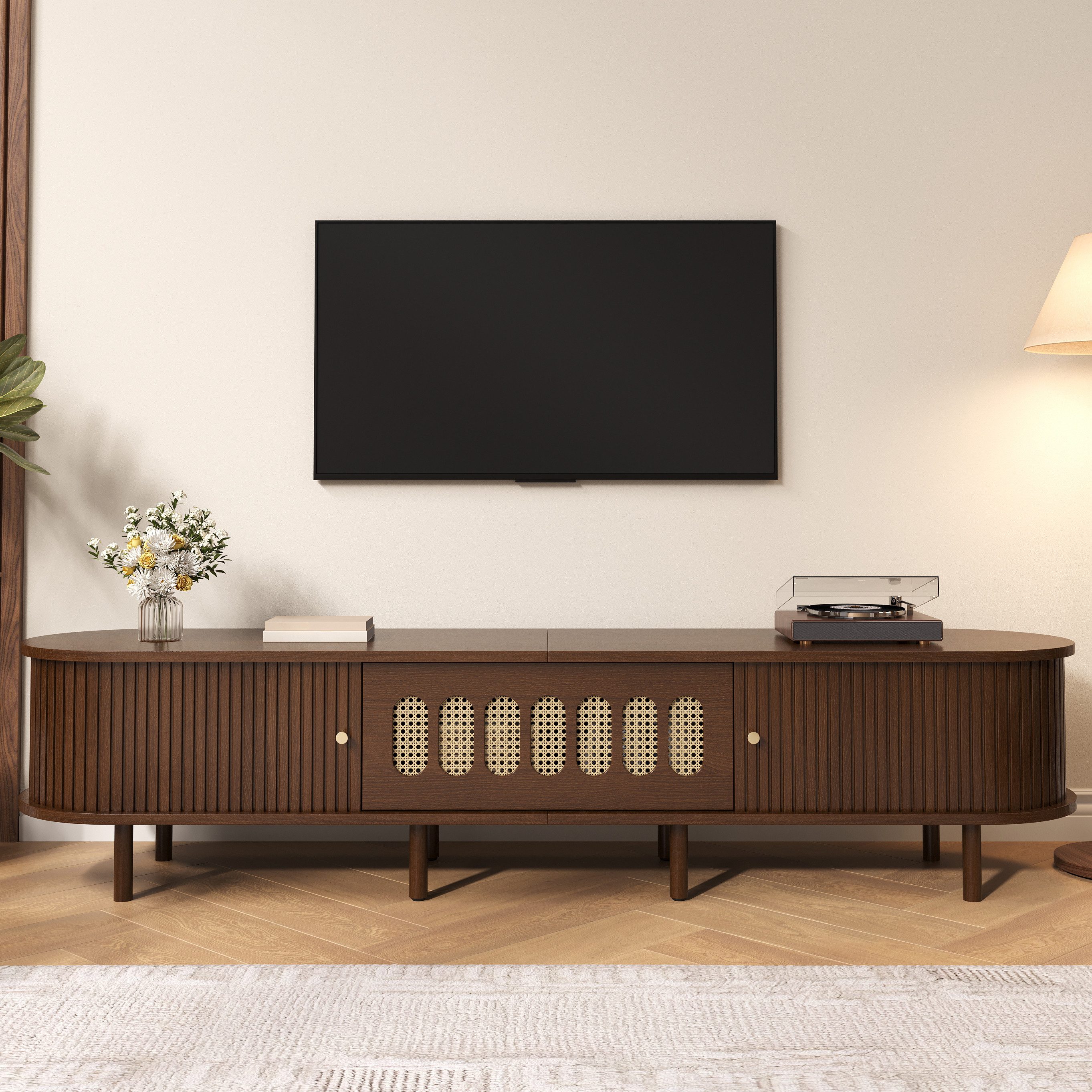 Odikalo Lowboard TV-Schrank Fernsehschrank mit Rattan-Design (Rattan-Design - MDF-Design, 30 kg Belastbarkeit,ein Rollladentürdesign.TV-Schrank,lowboards,Wohnzimmerschrank,Beinhaltet einen Schrank mit Klapptür)
