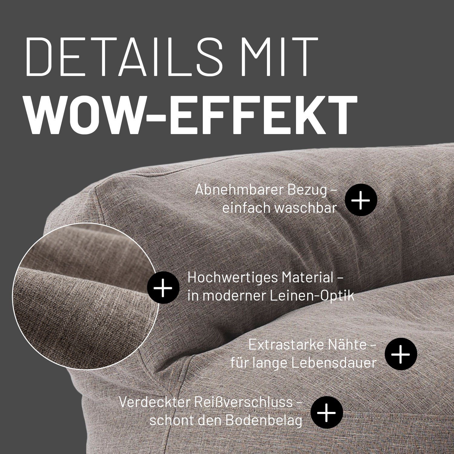 Sofa Lounge, inkl. Lumaland Rückenlehne In-& Bag Sitzsack 90x90x50cm Bean Sitzkissen Outdoor Round hellgrau Couch