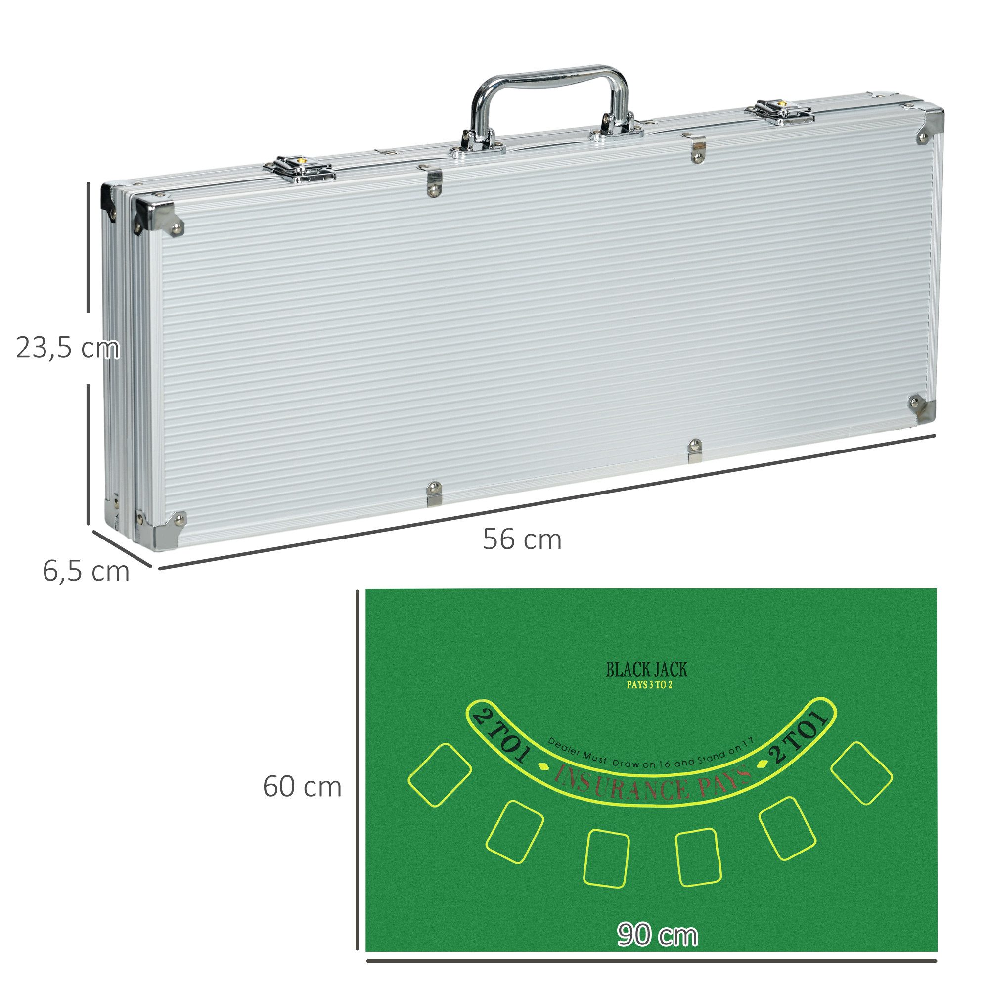 SPORTNOW Spiel 500 Pokerchips 11,5 Gramm, Pokerset mit Schloss, Strategiespiel, Silber 56 x 23,5 x 6,5 cm