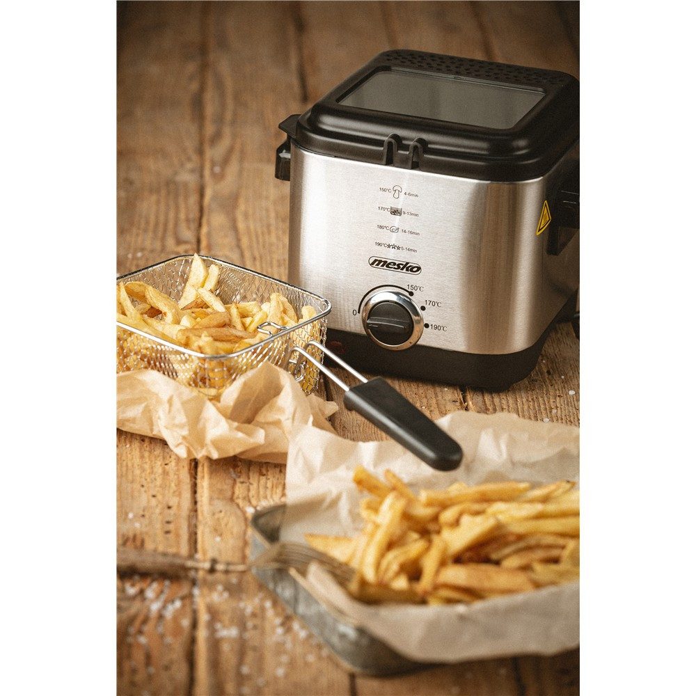 Mesko Fritteuse MS 4910, 900 W, kleine elektrische Edelstahl-Fritteuse mit Thermostat 1,5 L, Silber