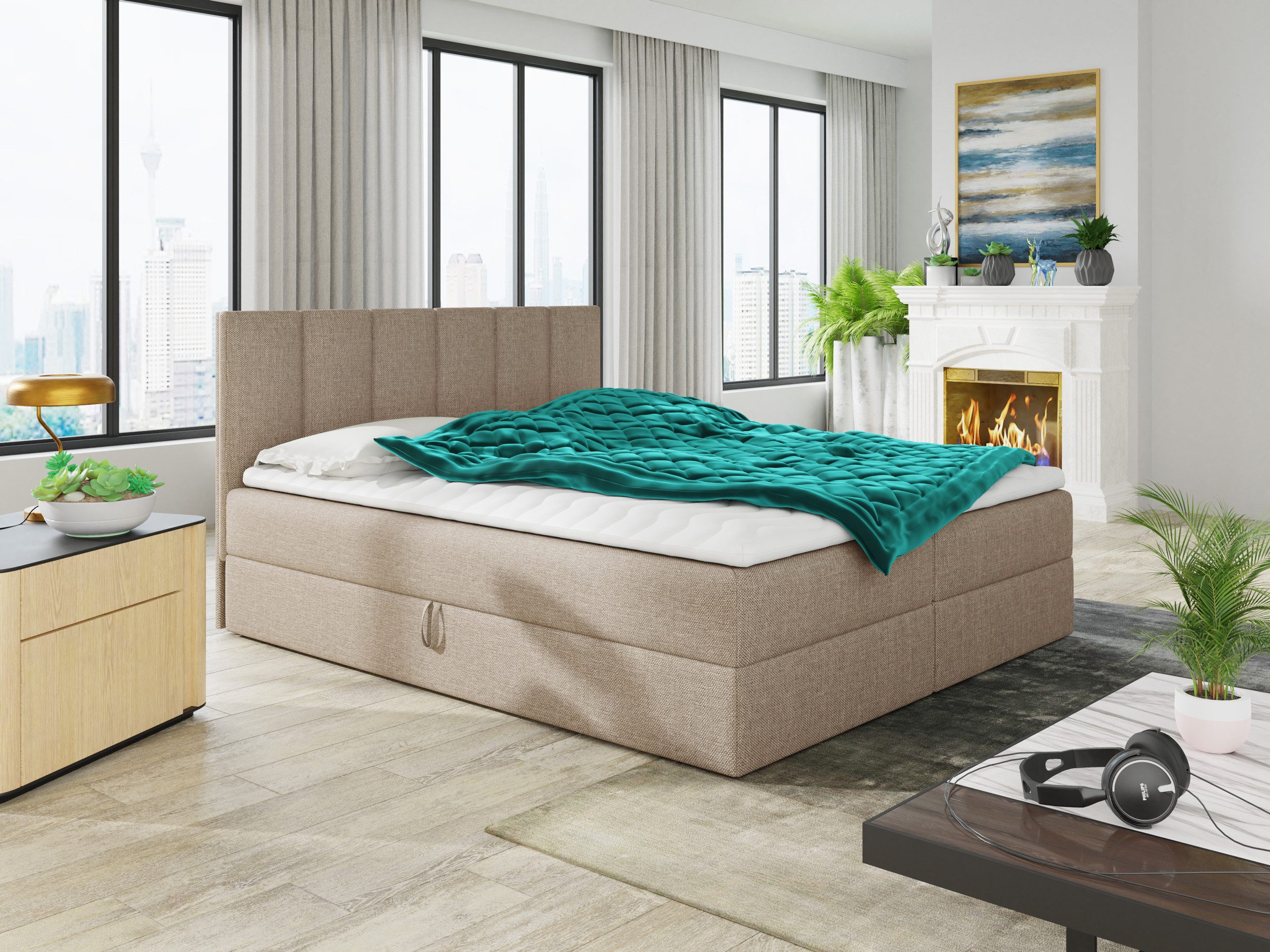 Sofnet Boxbett Star (mit zwei Bettkästen, Bonell-Matratze und Topper), Doppelbett, Polsterbett mit Kopfteil, Boxspringbett