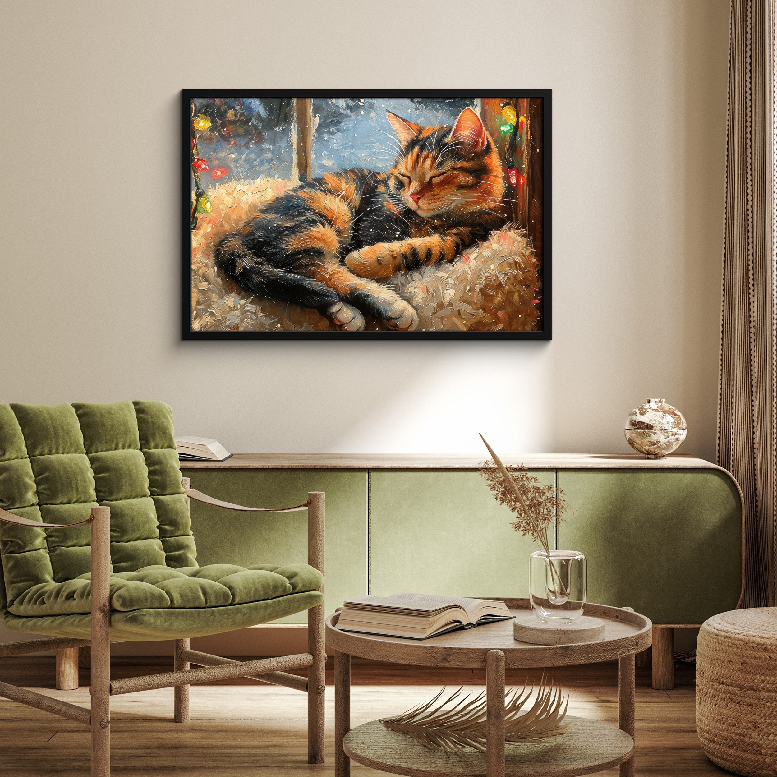 MuchoWow Poster Katze - Weihnachten - Winter - Tier, (1 St), Bilderrahmen mit Posterleiste, Wand Dekoration, 90x60 cm