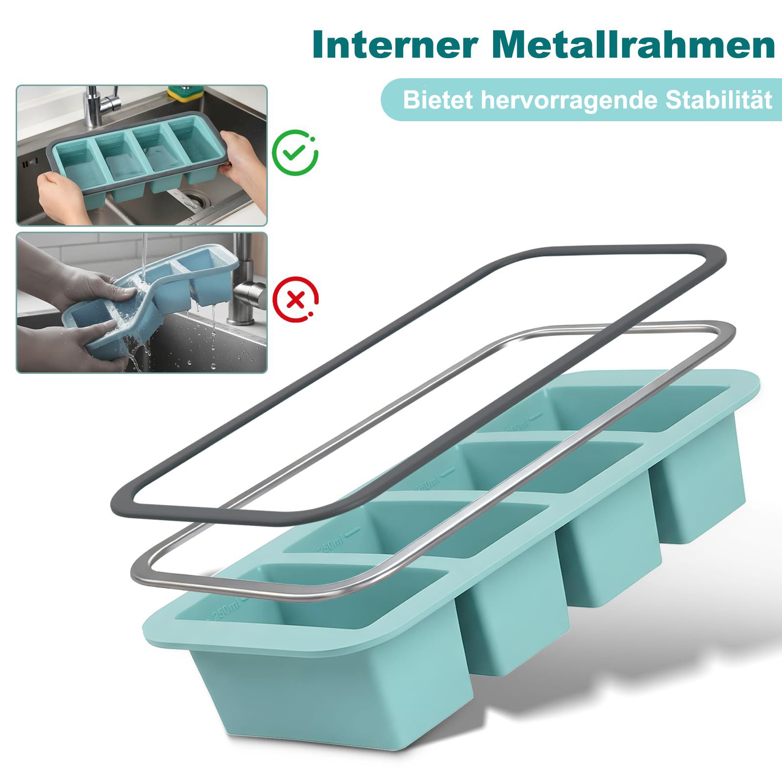 Agger Eiswürfelform Silikon Gefrierform mit Deckel – 4 Fächer, Stapelbar & Flexibel, (1-tlg), für Suppe, Soße & Eiswürfel, Leichtes Entformen