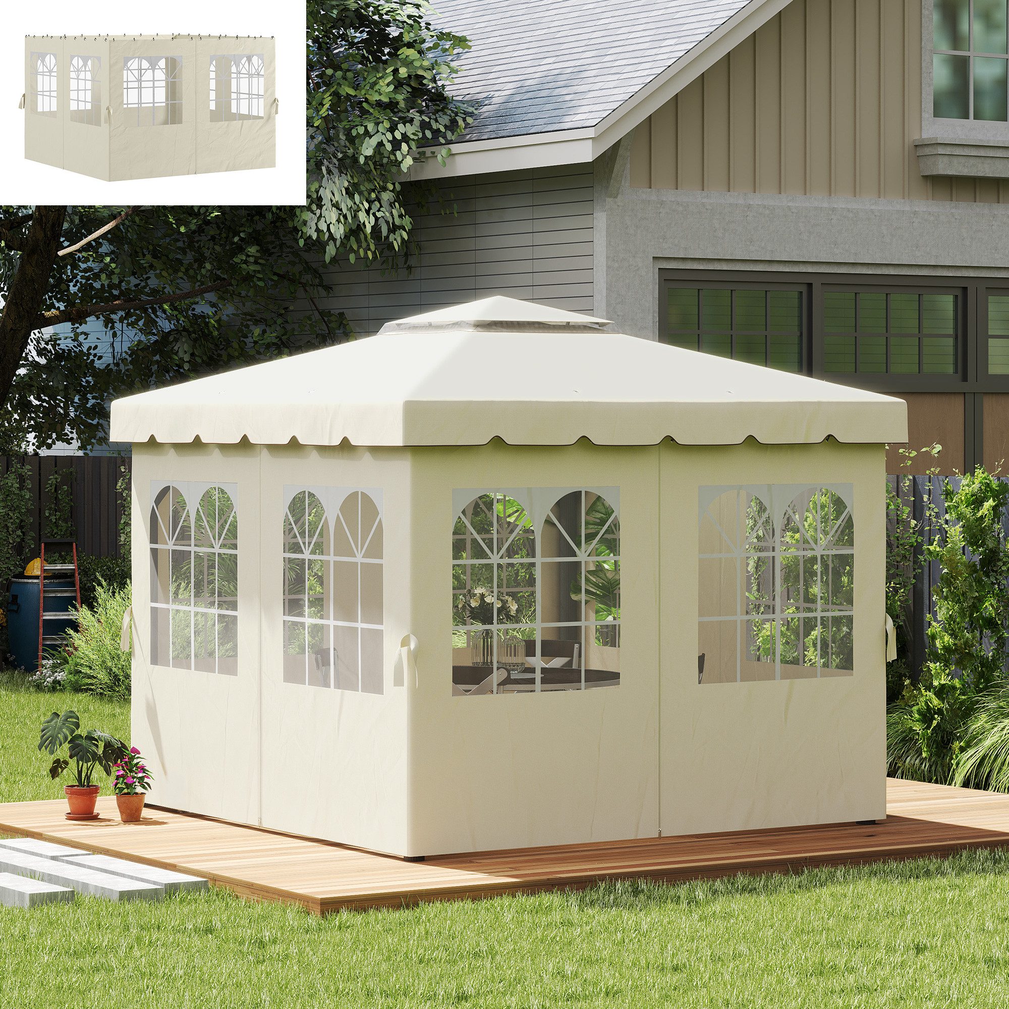 Outsunny Pavillonseitenteil mit 8 Fenster, 302x205 cm, für Pavillonrahmen 3 x 3 m) Partyzelt-Seitenwände, [4-St. Gartenpavillon, für Garten, Terrasse, Cremeweiß