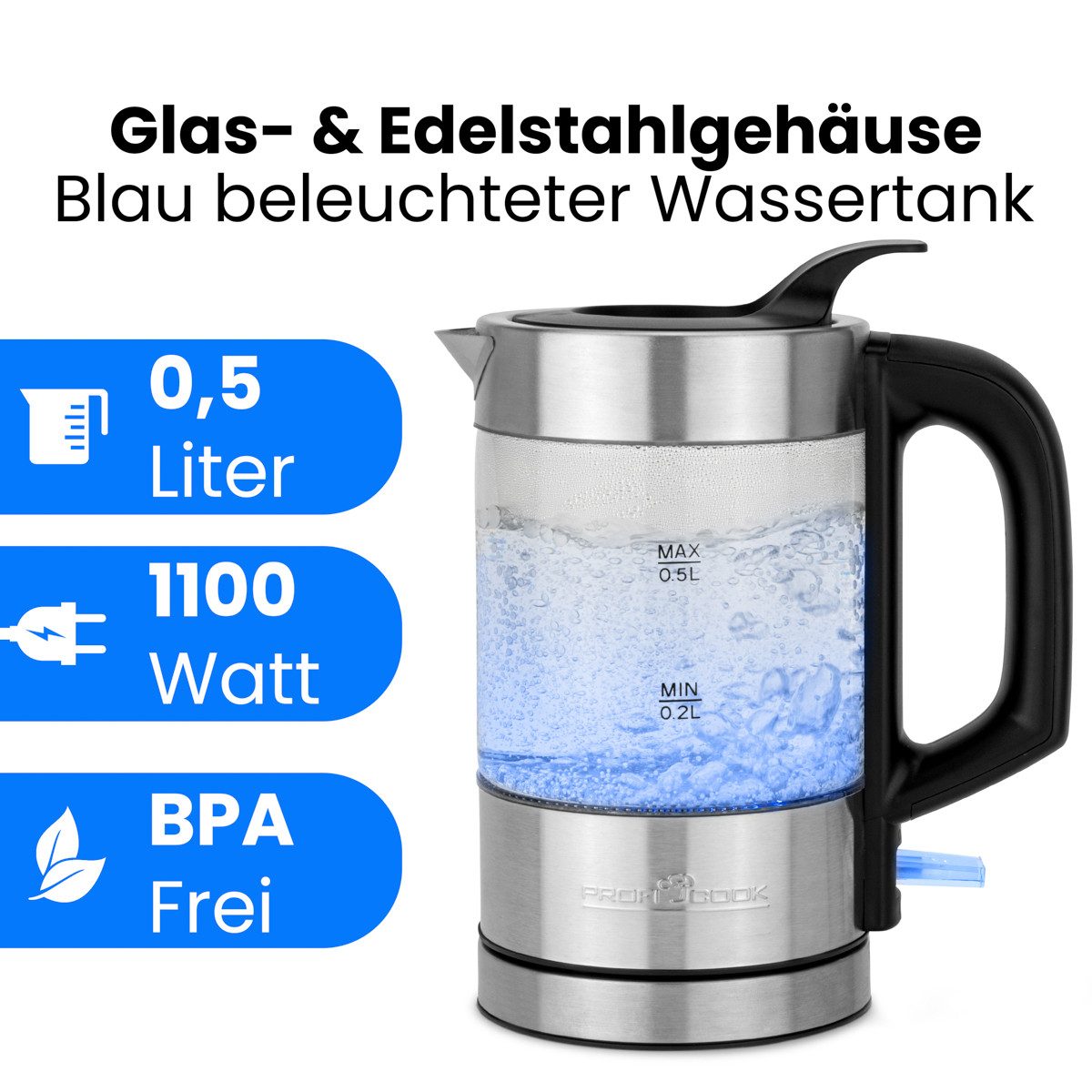 ProfiCook Wasserkocher PC-WKS 1228 G, Wasserkocher Edelstahl, 0,5 L, blau beleuchtet