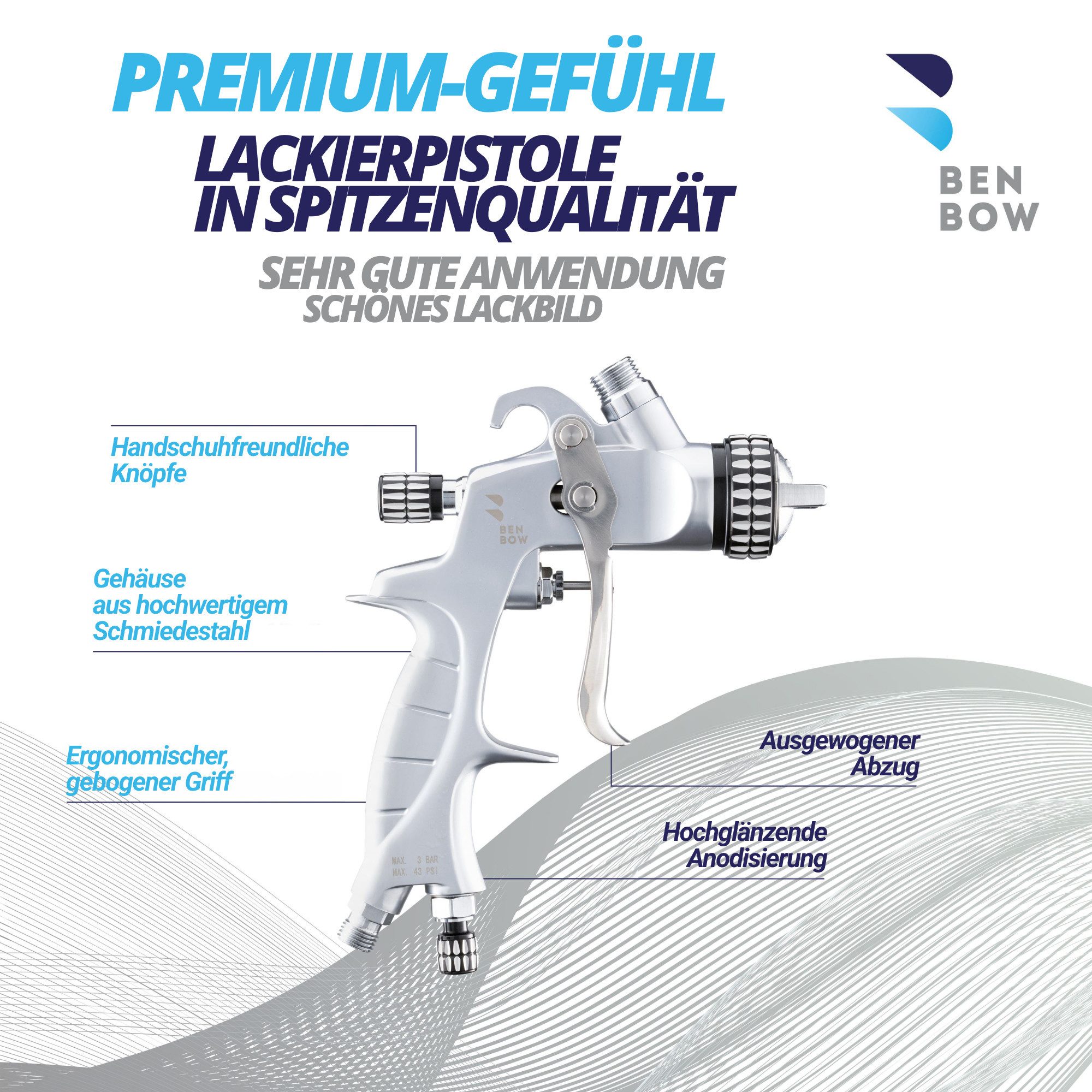BENBOW Lackierpistole PK60 Lackierpistole, Set PK60 HVLP 1,4 mm + 1,8 mm Düse + 600 ml Lackbehälter + Koffer