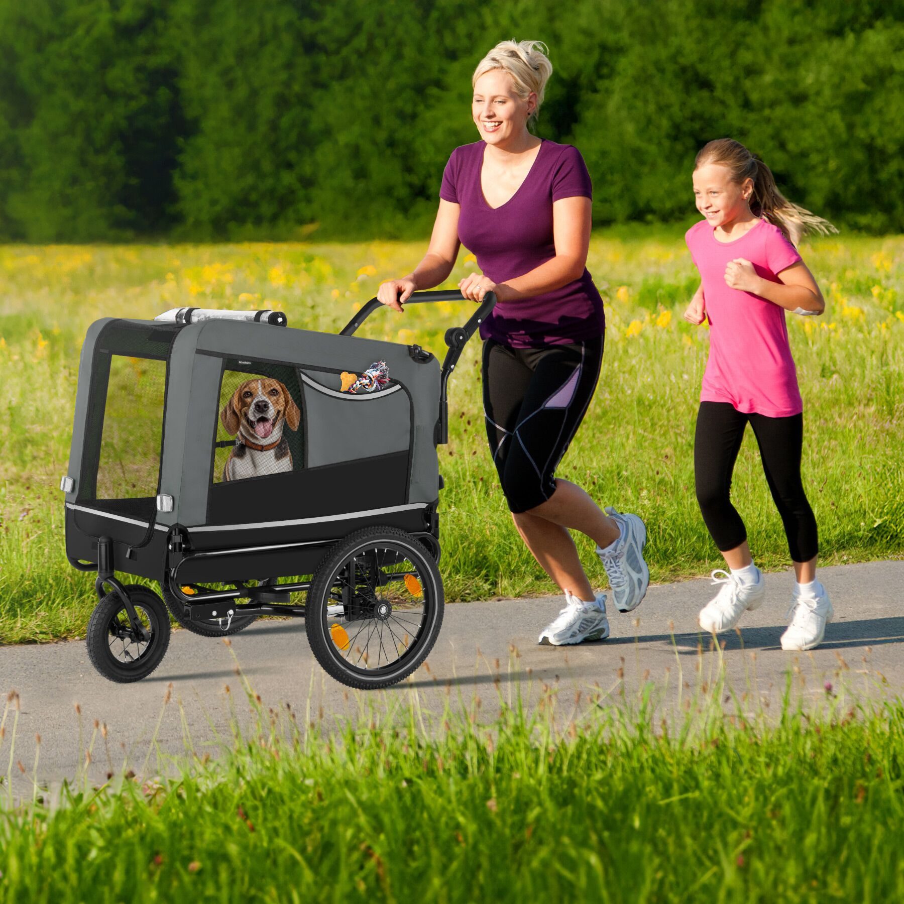 tectake Fahrradhundeanhänger Hundewagen 3in1 multifunktional mit Reflektoren, Leine und Warnfahne, mit Regenschutz, faltbar, gefedert, Belastbarkeit 40 kg, 240 Liter