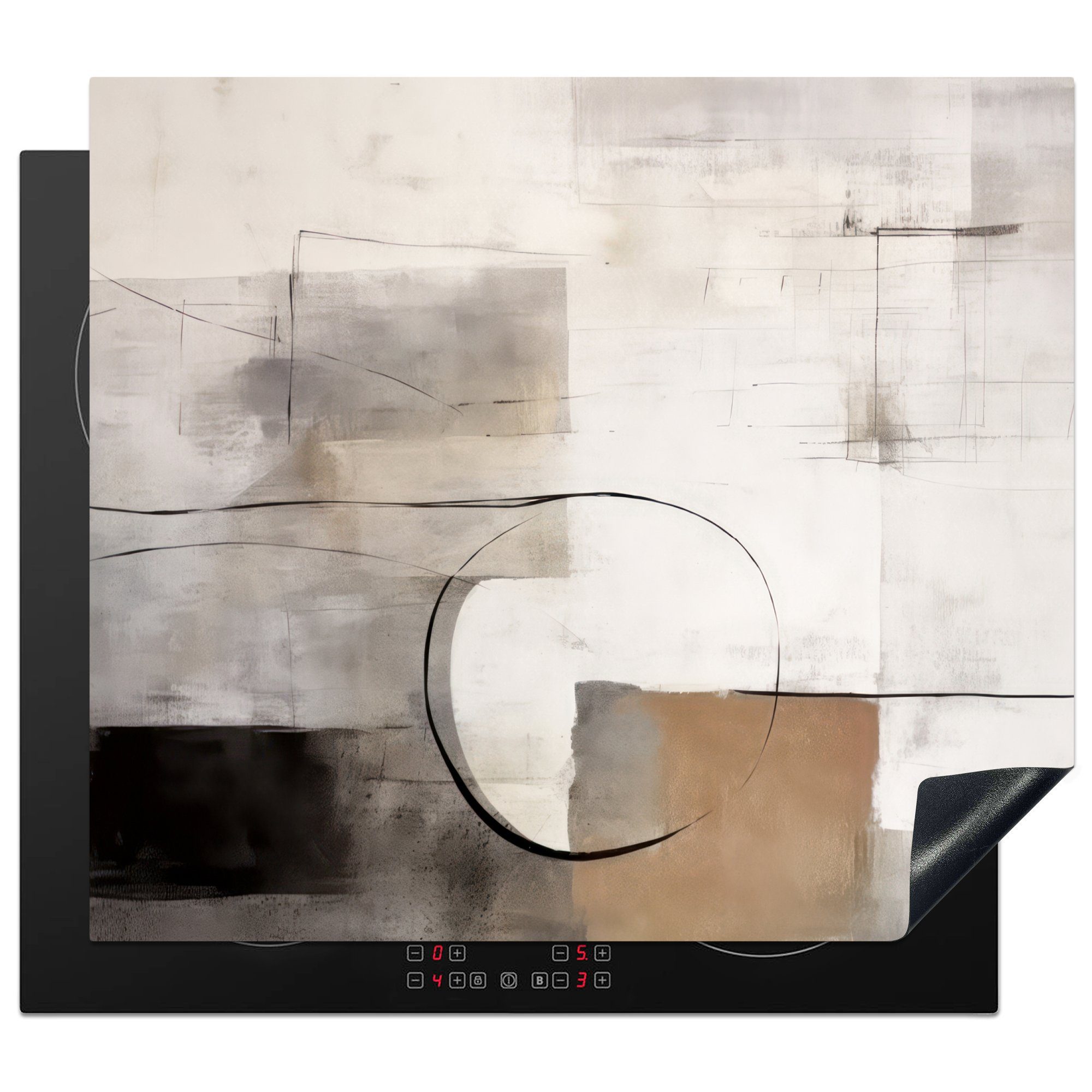 MuchoWow Herdblende-/Abdeckplatte Abstrakte Kunst - Industriell - Weiß - Grau, Vinyl, (1 tlg), 60x52 cm, Mobile Arbeitsfläche nutzbar, Ceranfeldabdeckung