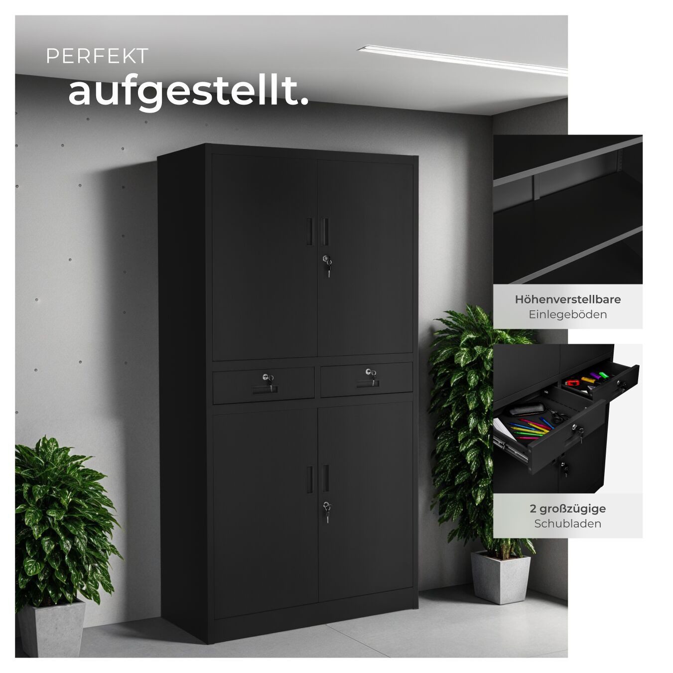 tectake Aktenschrank Solider Büroschrank mit Schubladen und Fächern (Stahlschrank Cosmo, 1-St., in schwarz/schwarz) Verschließbar mit 4 Sicherheitszylinderschlö – Bild 4 von 5
