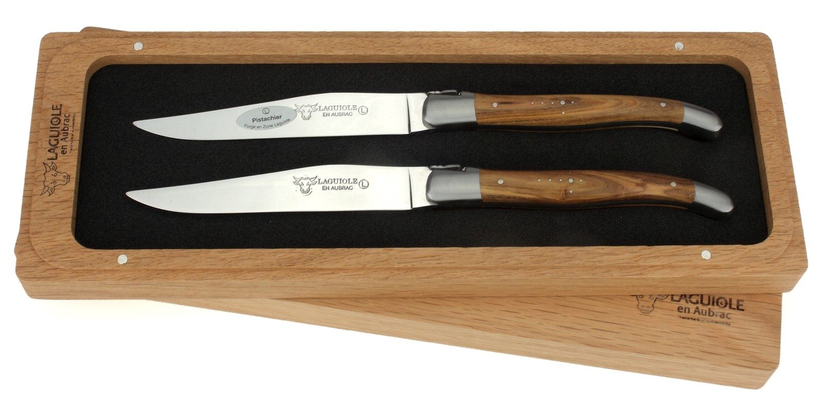 Laguiole en Aubrac Steakmesser 22C99PIIH 2er Set - Griff Pistazie - Backen matt - Klinge glänzend - Holzbox