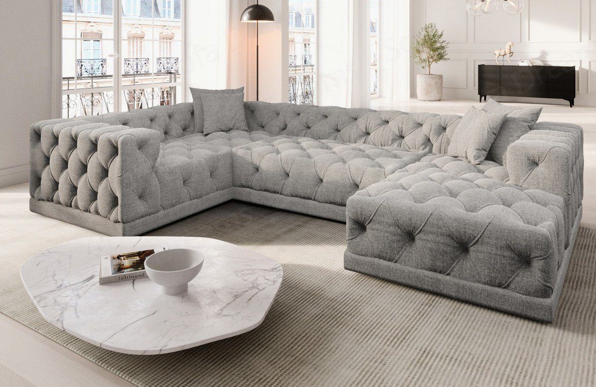 Sofa Dreams Wohnlandschaft Strukturstoff Stoff Polster Sofa Palma U Form Stoffsofa Modern, Loungesofa, Chesterfield Stil eisgrau70 | Wohnlandschaften