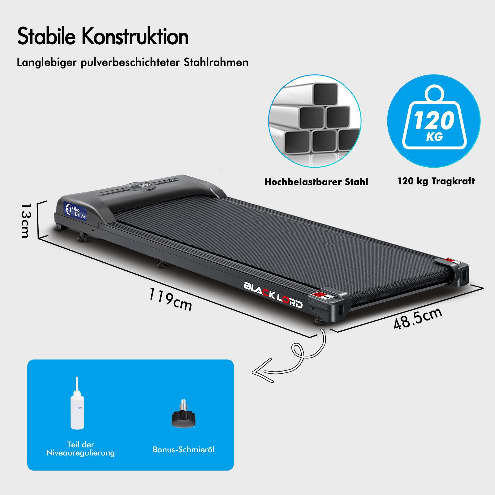 BLACK LORD Laufband für Zuhause, Walking Pad, mit LED-Anzeige 12km/h mit Steigung (1-tlg), mit Bluetooth, Fernbedienung, 1-9 km/h, 119 x 48,5 x 12 cm