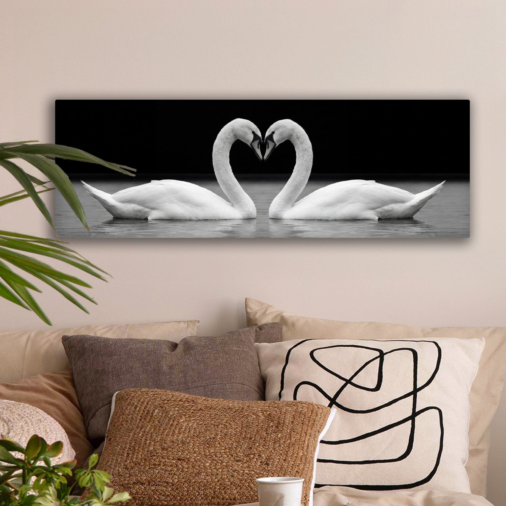 OneMillionCanvasses® Leinwandbild Panorama Schwäne - Herz - Schwarz - Weiß, Fotodruck (1 St), Wandbild, Deko Schlafzimmer Wohnzimmer Flur 60x20 cm