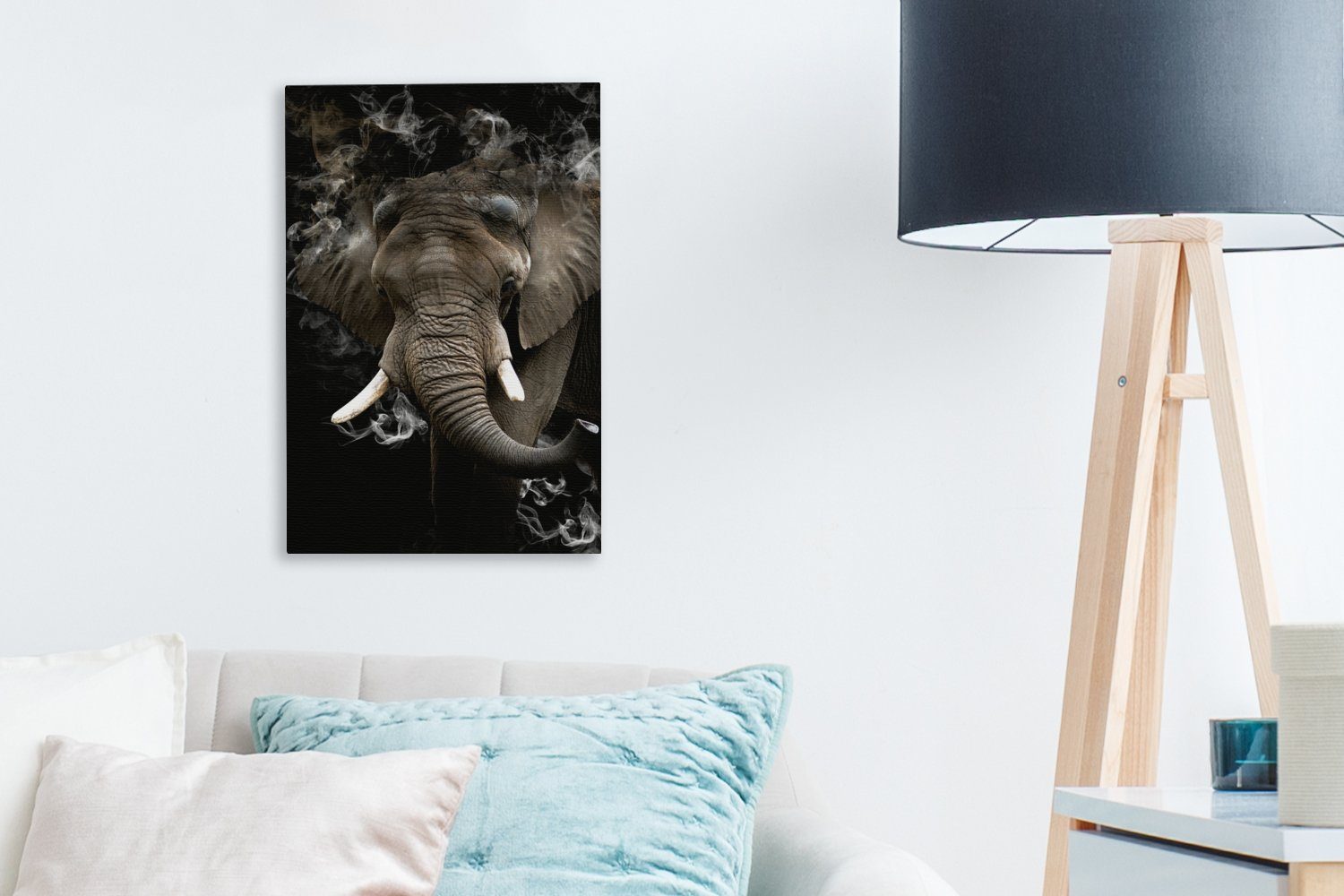 OneMillionCanvasses® Leinwandbild Elefant - - bespannt fertig cm St), Gemälde, Rauchen (1 inkl. Leinwandbild Zackenaufhänger, Schwarz, 20x30