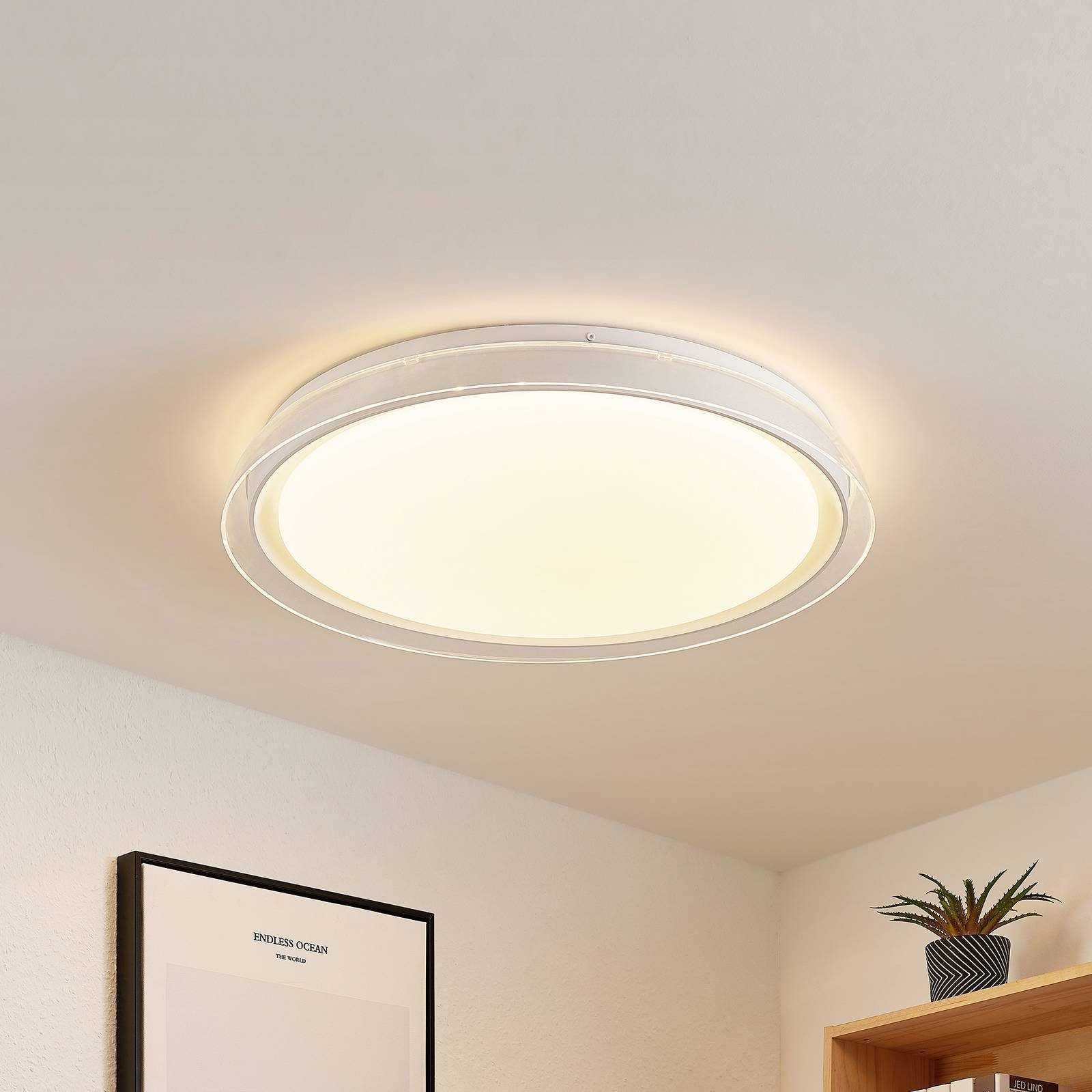 Lindby LED Deckenleuchte Sleya, dimmbar, LED-Leuchtmittel fest verbaut, Farbwechsel warmweiß / tageslicht, Modern, Metall, PMMA, weiß, 1 flammig, inkl.