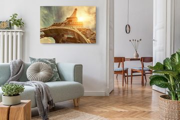 Sinus Art Leinwandbild 120x80cm Wandbild auf Leinwand Eiffelturm Paris Sonnenschein Himmel Fr, (1 St)