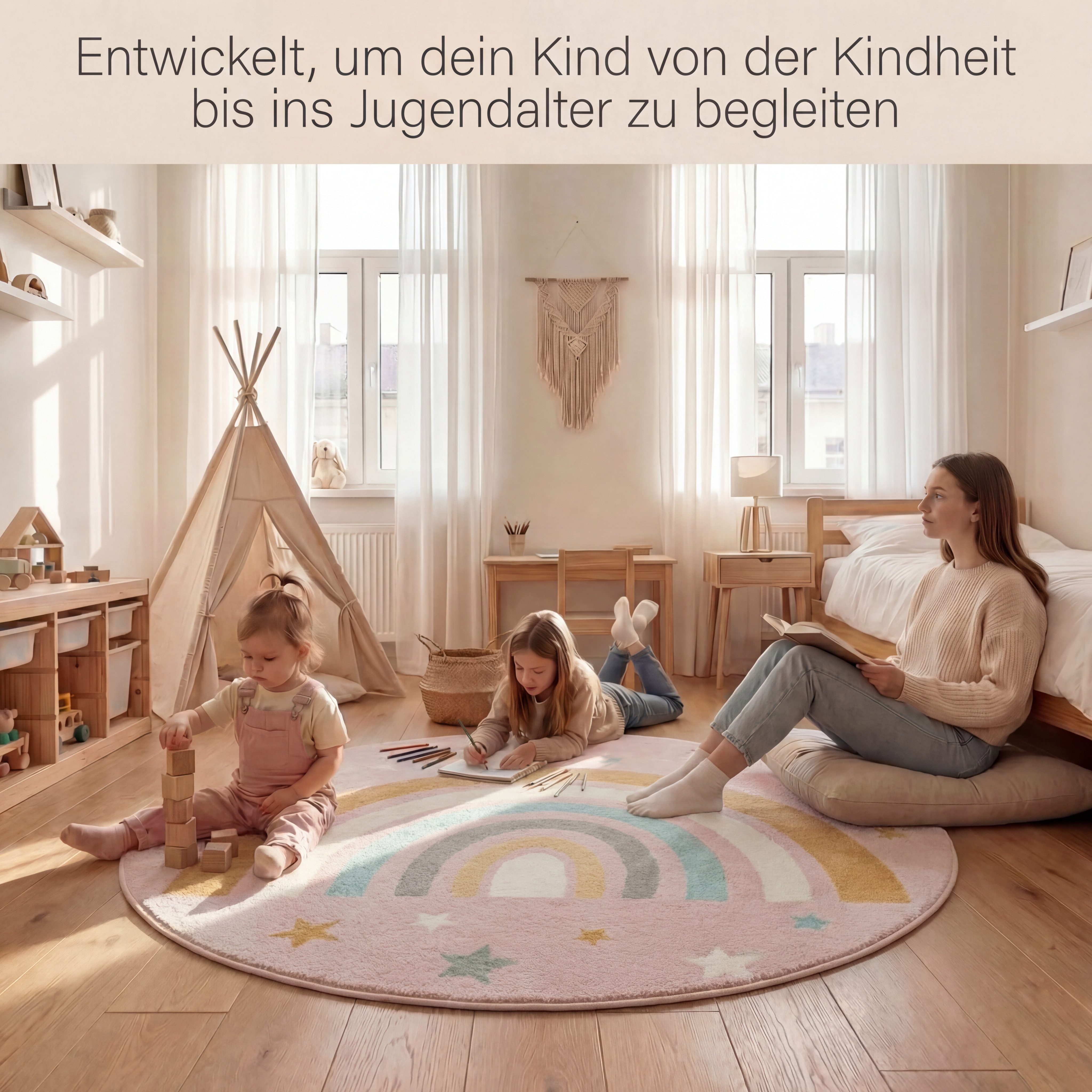 Jimri Kinderteppich DOT´S Teppiche für Kinderzimmer, Kinderzimmerteppich, Teppich, Rund, Regenbogen