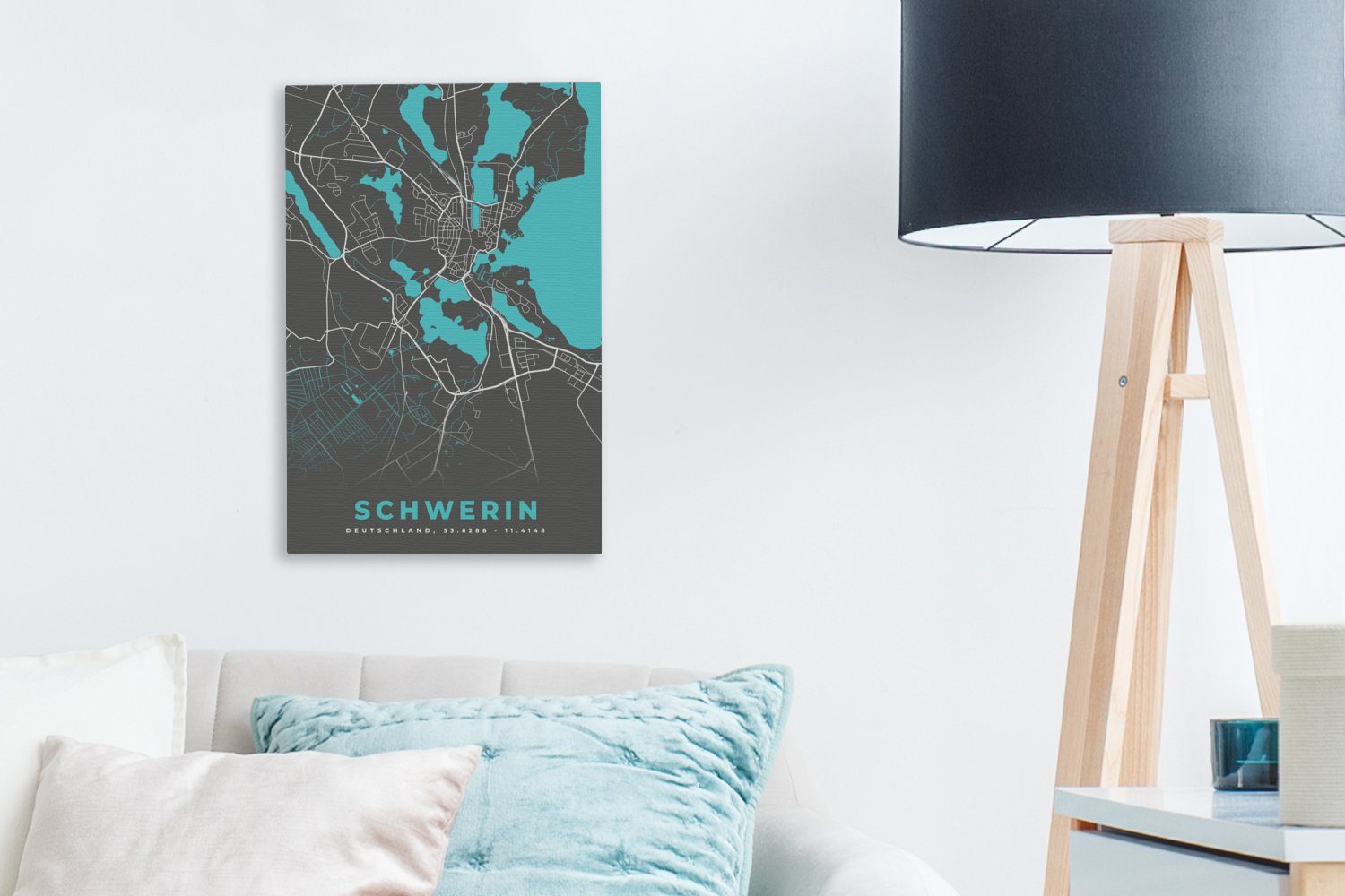 OneMillionCanvasses® Leinwandbild 20x30 - St), cm Schwerin Karte, - fertig Gemälde, (1 - inkl. - Deutschland Stadtplan Blau bespannt Zackenaufhänger, Leinwandbild