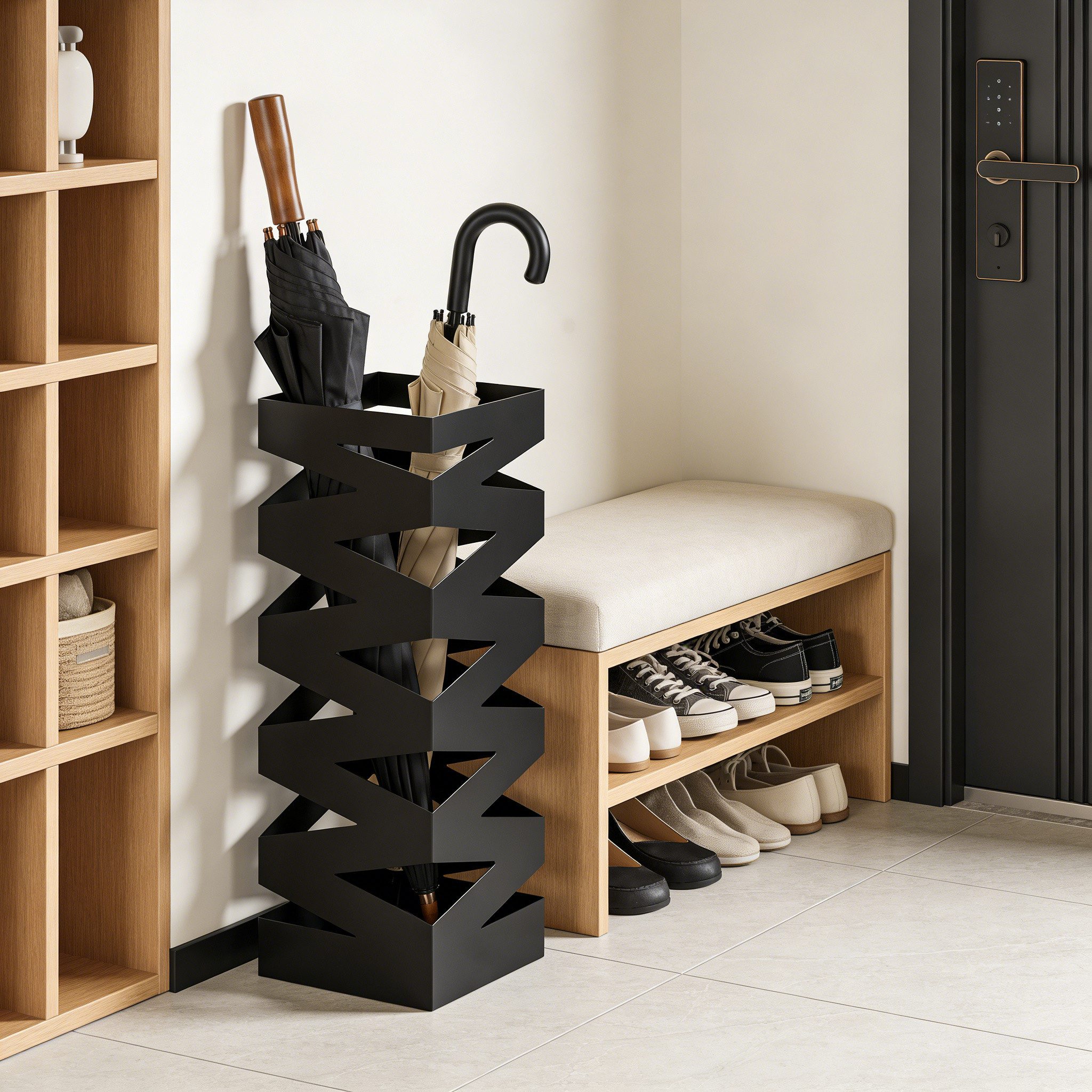 BlingBin Schirmständer aus Metall, Schwarz, Platzsparender (1er Set, 1 St., Regenschirmständer, quadratisch, 15,5 x 15,5 x 49 cm), schmaler Regenschirmhalter mit Cut-out-Design für Flur und Büro