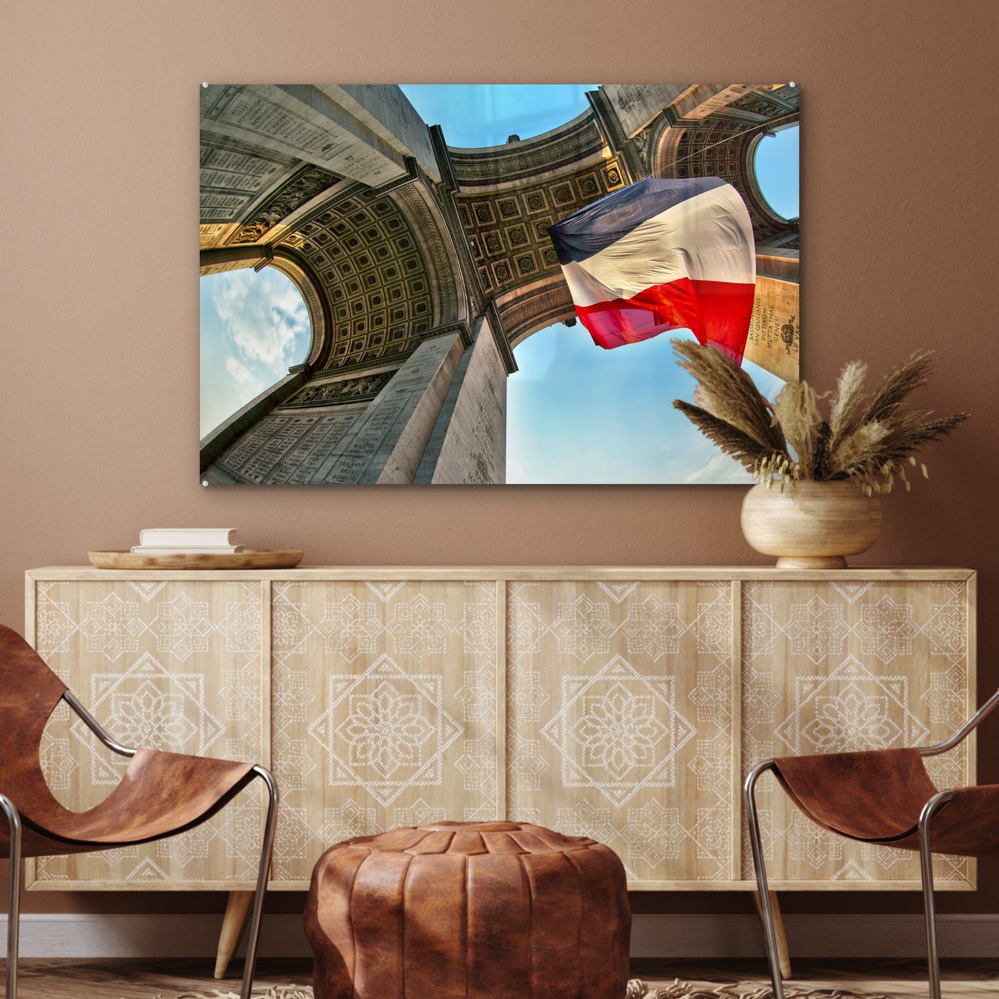 MuchoWow Acrylglasbild & Triumphbogens Unteransicht Schlafzimmer Die Wohnzimmer (1 Paris, des in Acrylglasbilder St),