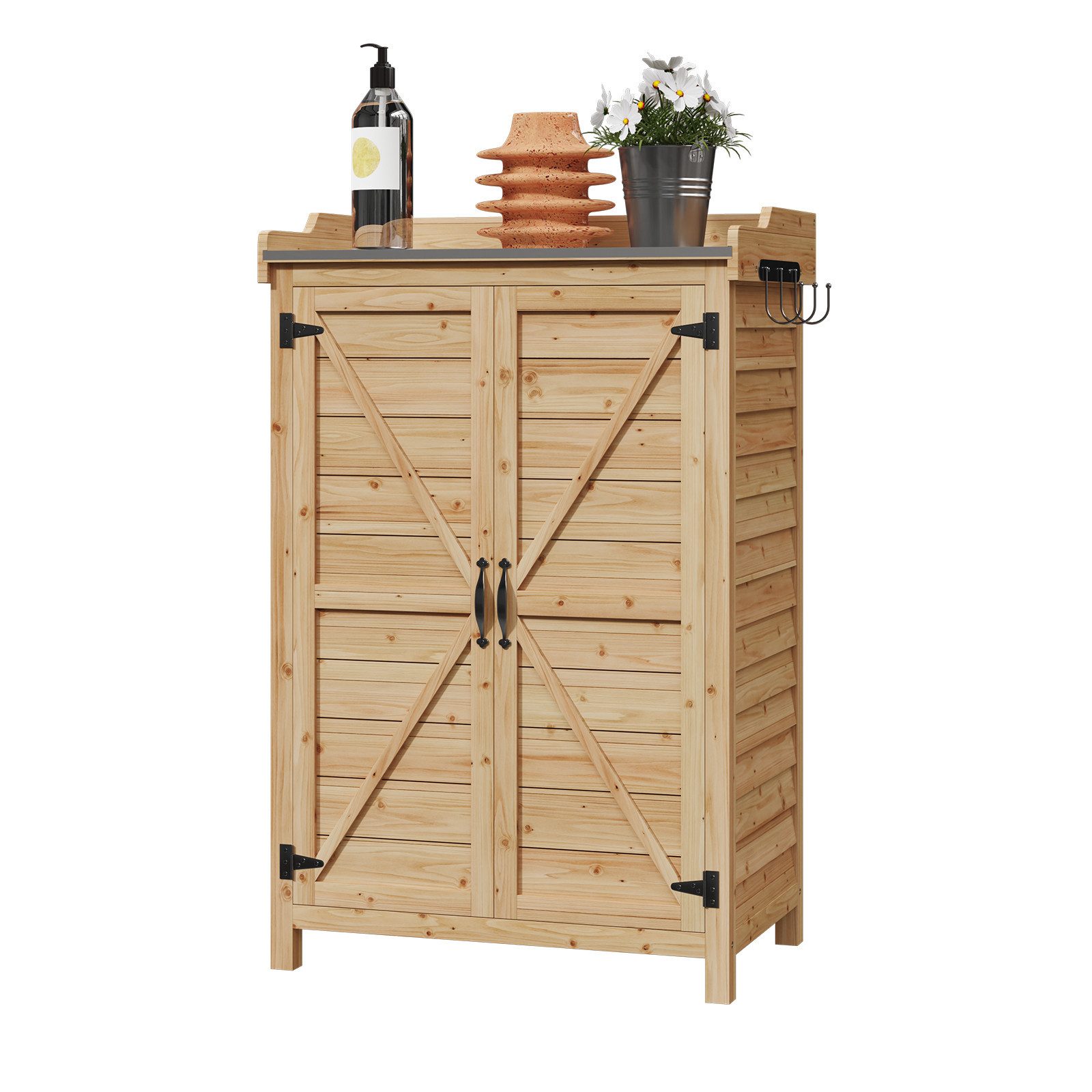 AOXUN Garten-Geräteschrank mit verstellbaren Fächern & Seitenhaken, BxT: 64x40 cm, (1 St), Gartenschrank Holz mit Pflanztisch, Doppeltür, 64x40x95 cm