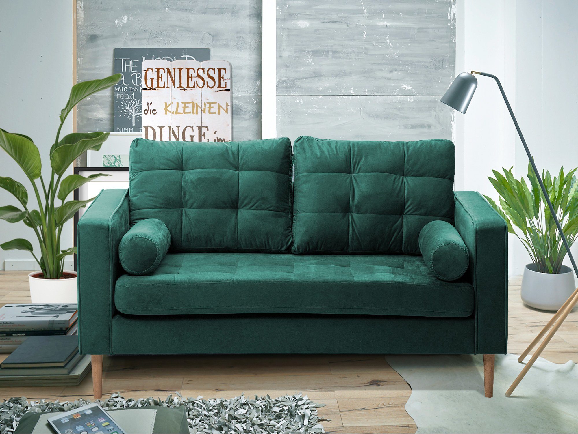 Moebel-Eins Sofa, GLAMMI 2-Sitzer Dunkelgrün Füße Sofa Buche mit massiv Samtbezug