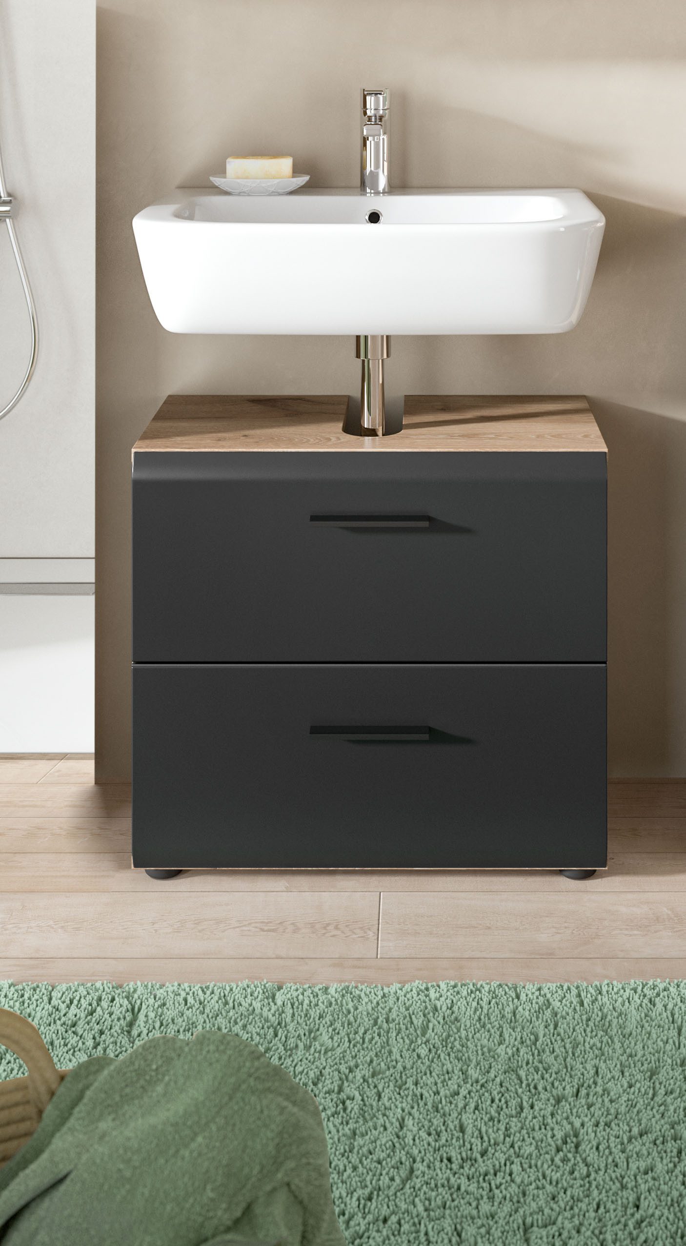 furnling Waschbeckenunterschrank Ivy Nox Oak / Schwarz Matt, 2 Schubladen mit Vollauszug, moderne MDF Front
