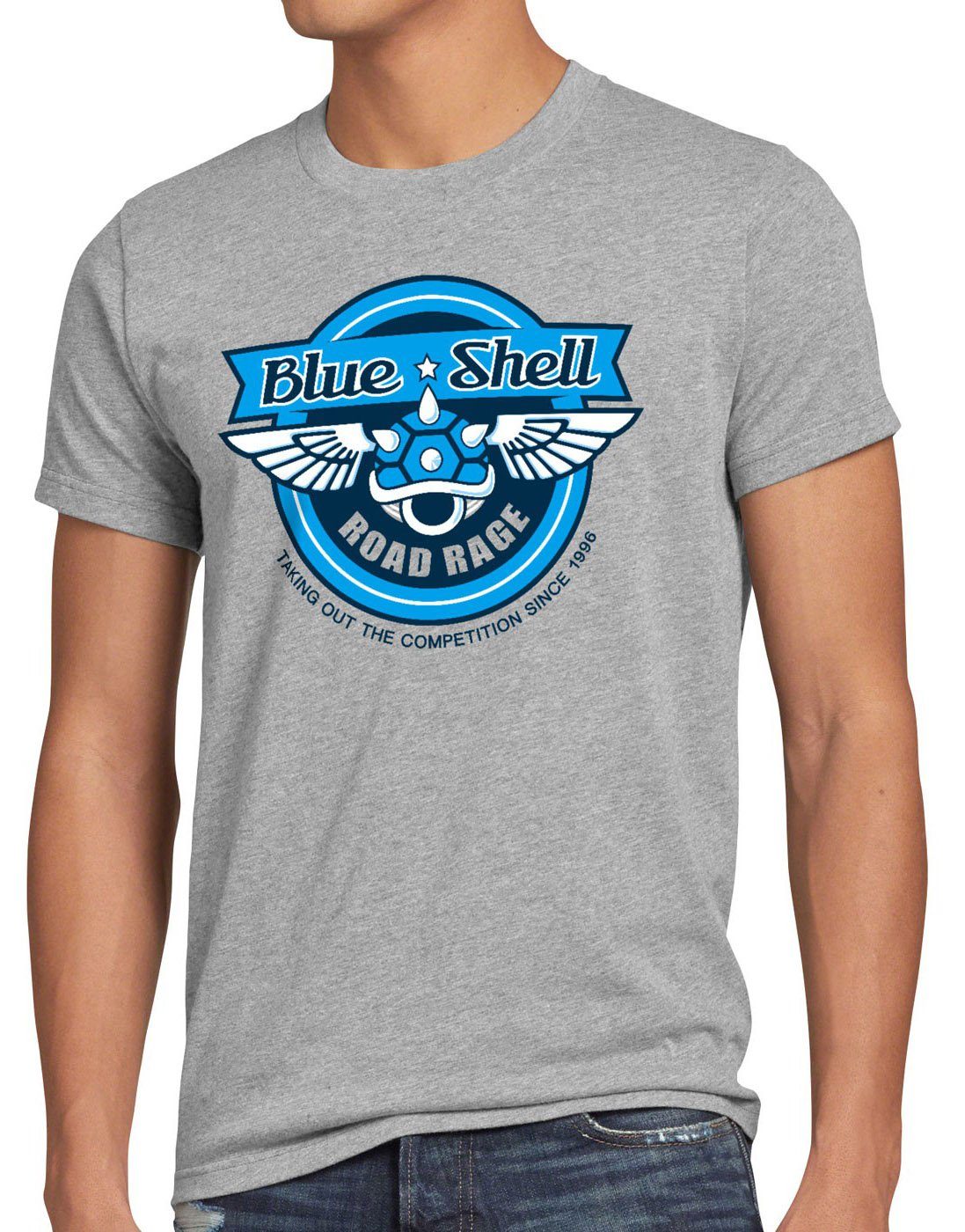 style3 Print-Shirt Herren T-Shirt Blue Shell Kart mario super snes n64 switch blauer brothers wii u grau meliert