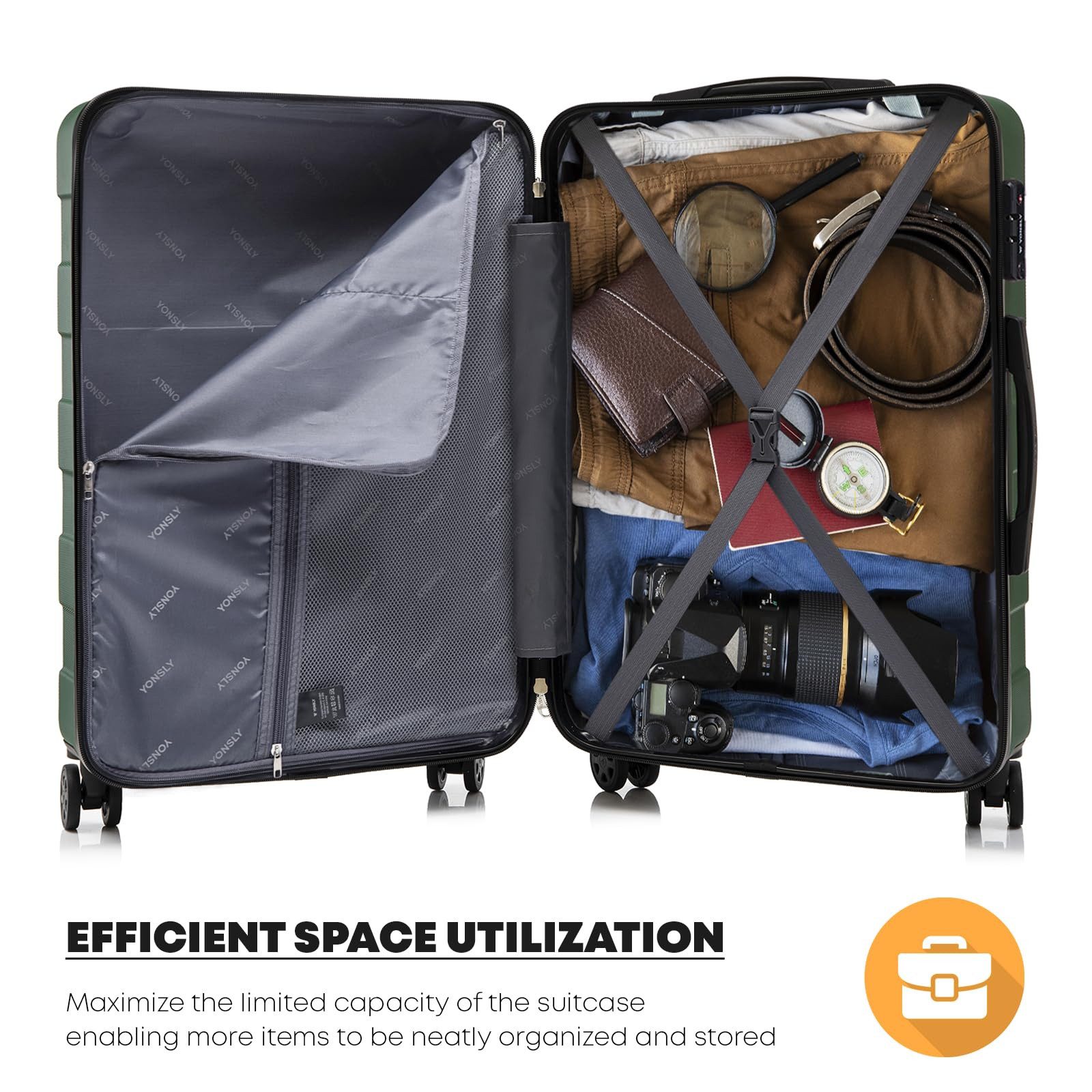 YONSLY Hartschalen-Trolley Hartschalen-Reisekoffer Trolley Rollkoffer Kabinenkoffer aus ABS, 4 Rollen, mit TSA-Schloss, YKK-Reißverschluss, austauschbaren Rollen und Griffen