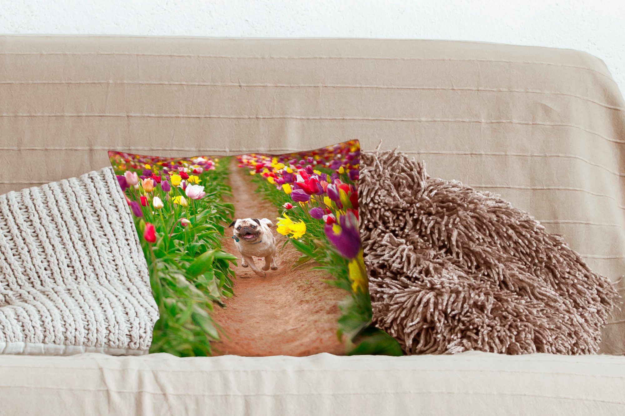 Wohzimmer, Sofakissen - Dekokissen MuchoWow Tulpen Blumen, Deko, Mops Zierkissen Schlafzimmer, für - mit Füllung