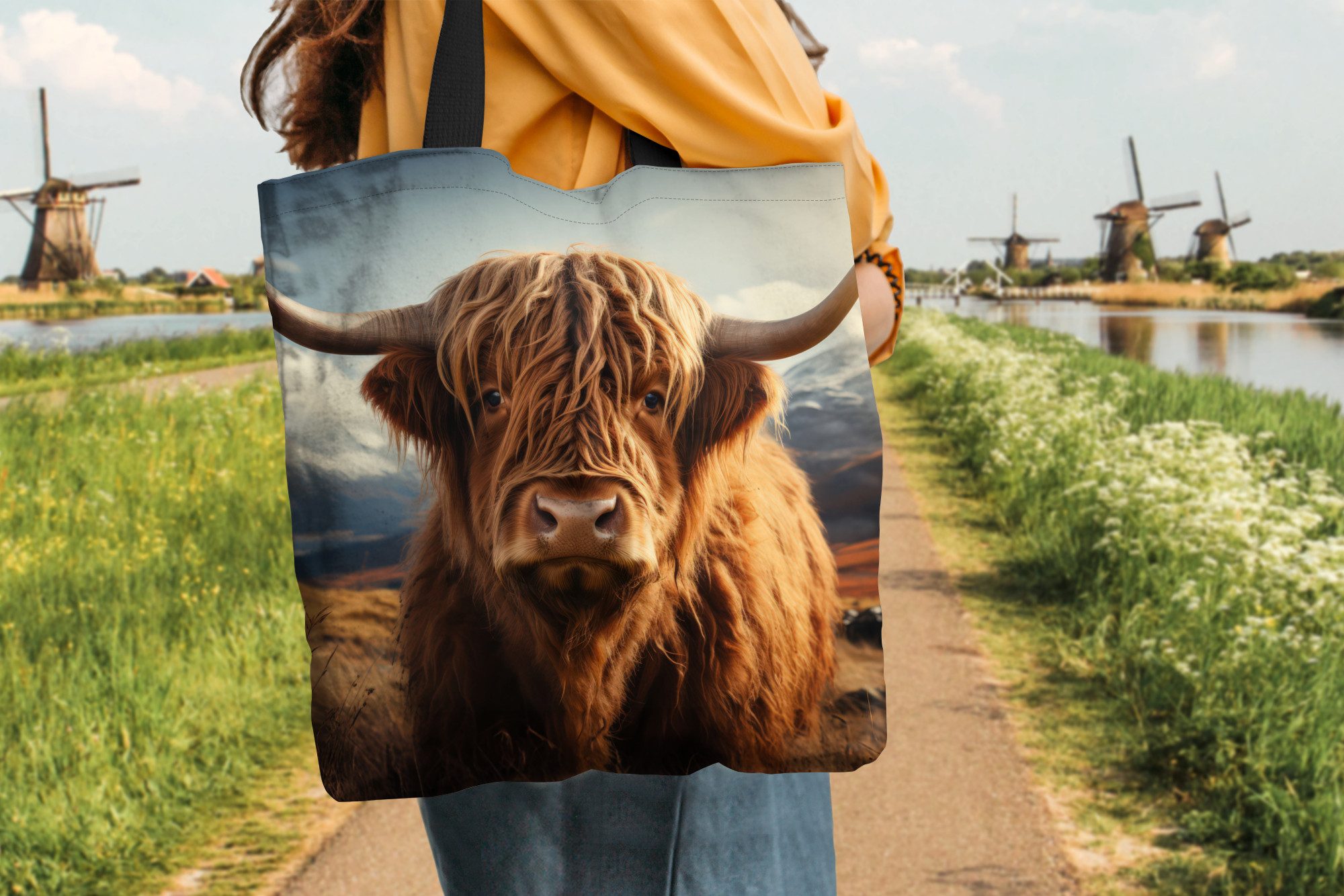MuchoWow Shopper Schottische Highlander - Hörner - Berge - Landschaft, Handtasche, Damen und Herren, Schultertasche, Umhängetasche, Tote Bag