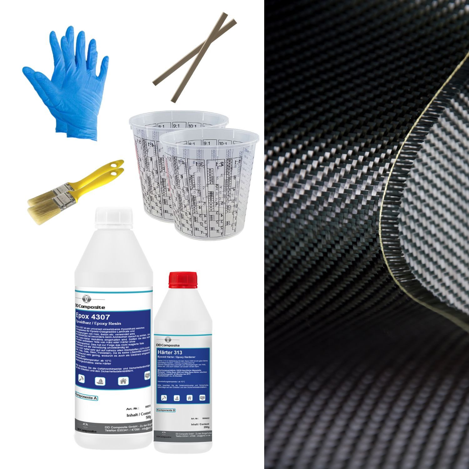 DD Composite Reparatur-Set Carbon Komplett-Set 0,5m² Köper, Set, 1-St., Reparaturset, Carbongewebe mit Epoxidharz