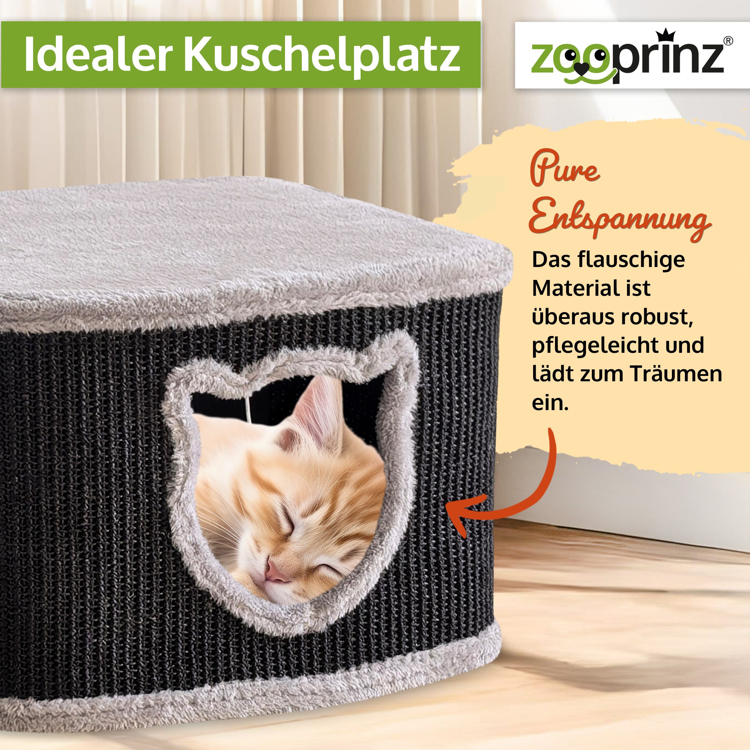 Zooprinz Katzenhaus Indoor aus Sisal mit Spielball, Plüsch, 40 × 40 × 27 cm, Modernes Design