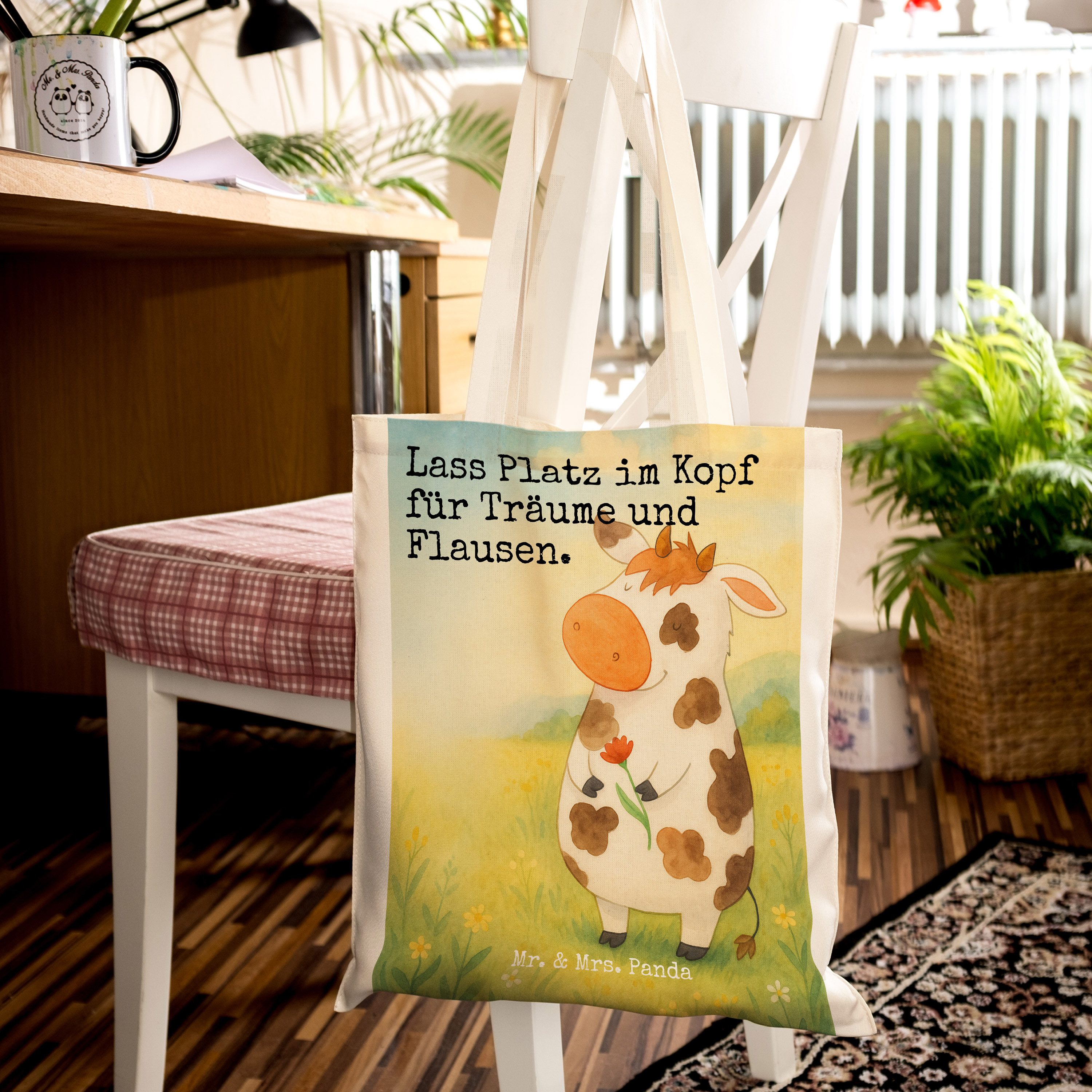 Mr. & Mrs. Panda Tragetasche Kuh Design, Tote Bag, Weiß, Träume, Hof, Spruch, Laptoptasche, Bauern (Packung), Uni Tasche Spruch stofftasche baumwolle