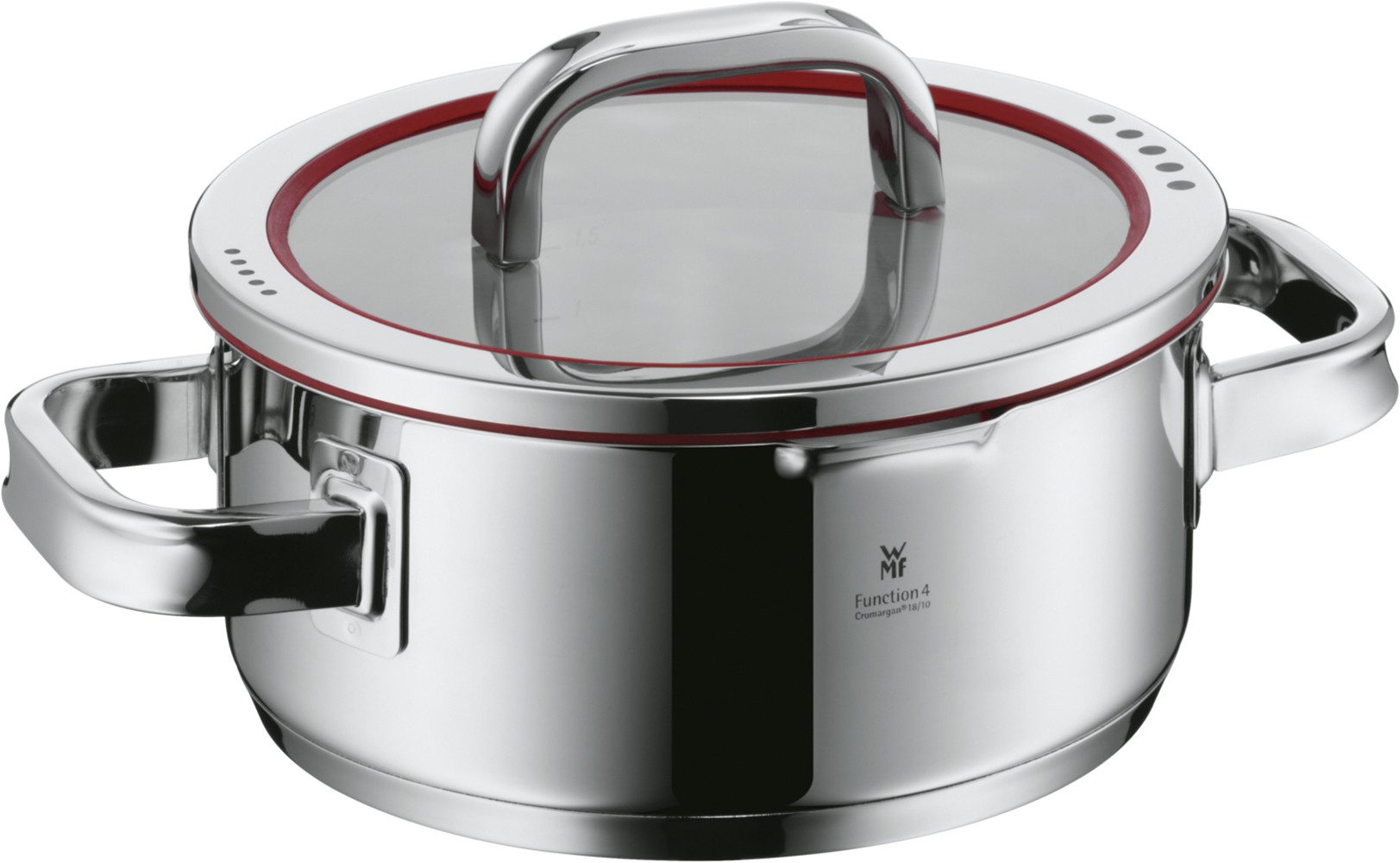 WMF Topf-Set Function 4, Glasdeckel mit 4 Abgießfunktionen, poliert, unbeschichtet, Cromargan® Edelstahl Rostfrei 18/10 (Set, 9-tlg., 1x Bratentopf 20cm, 3x Fleischtopf 16/20/24cm, 1x Stielkasserolle 16cm), Induktions Töpfe Set, Innenskalierung, für alle Herdarten geeignet
