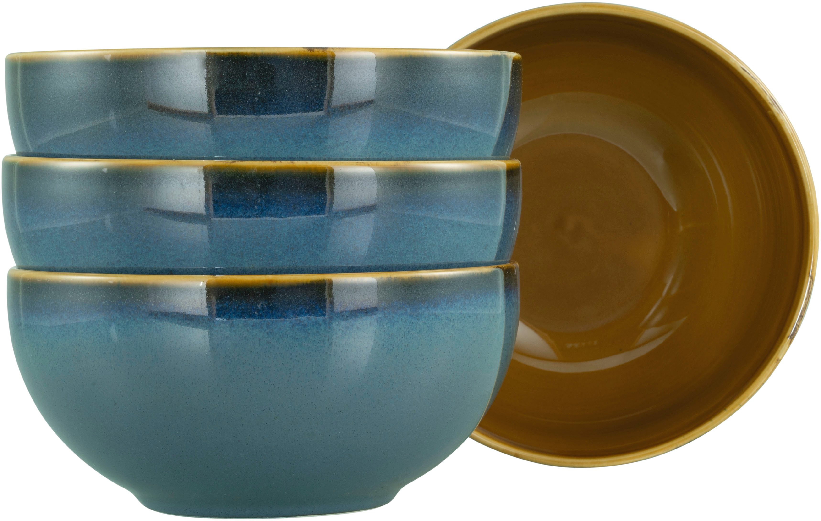 CreaTable Schale Mallorca, Buddha Bowl 4-tlg, Steinzeug, (Set, 4-tlg), Spezialglasur mit Vintage Außenrand