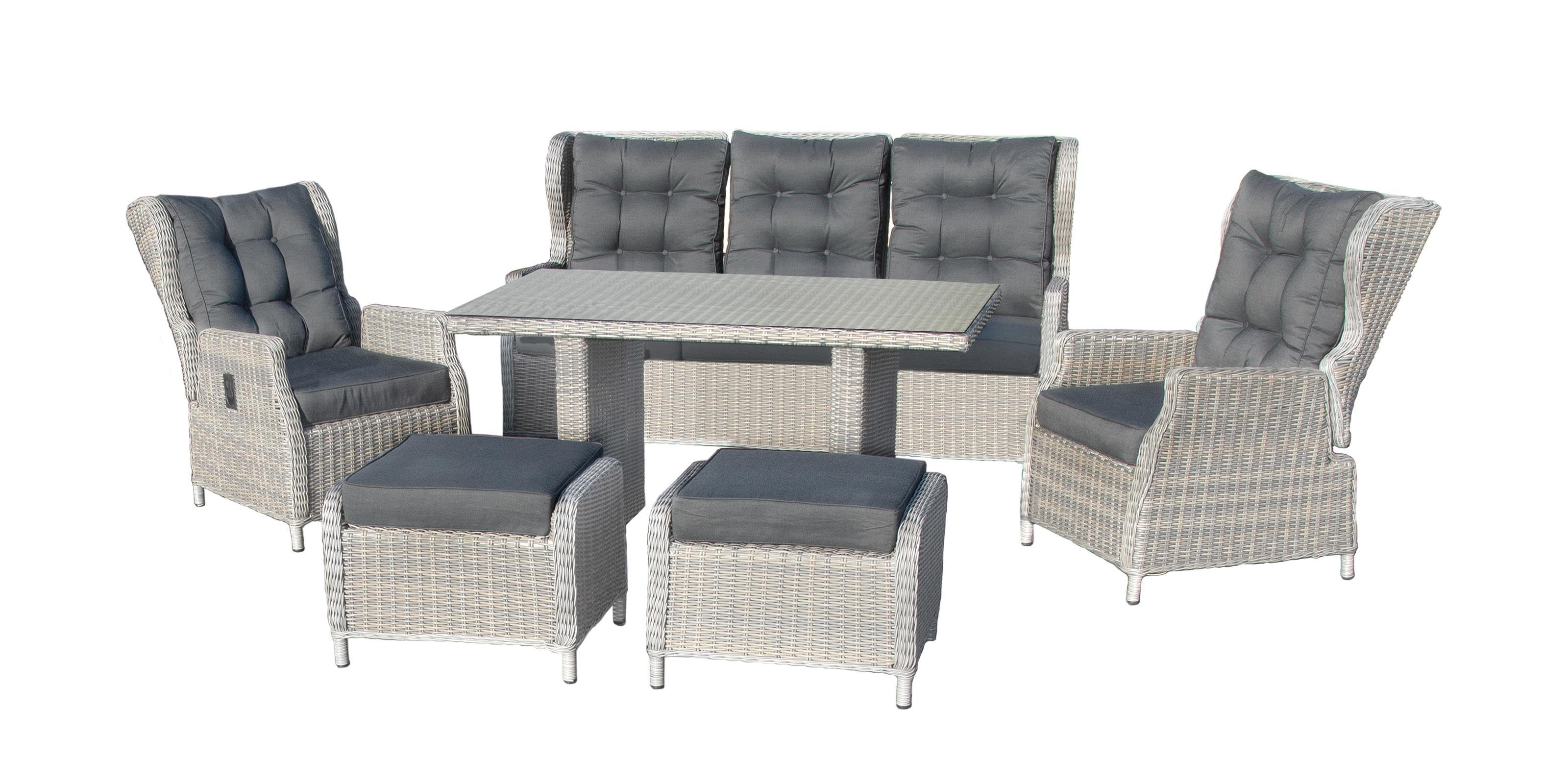 bellavista - Home&Garden® Garten-Essgruppe »Canelli« Dininglounge Set Sitzgruppe Loungemöbel Lounge Gartenmöbel, (Set, 6-tlg., 1 Sofa, 2 Sessel, 2 Hocker, 1 Tisch, inkl. Auflagen), grau, Polyrattan, für 7 Personen, wetterfest - Garten, Terrasse